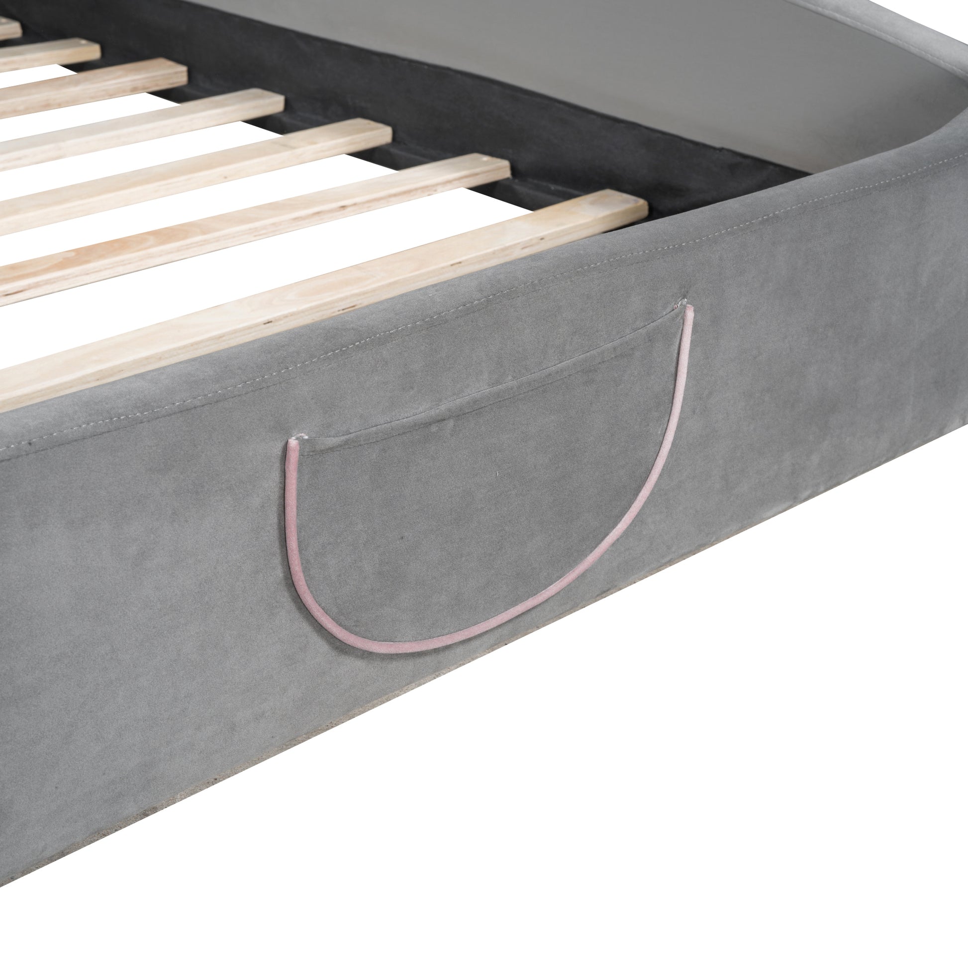 Full Size Velvet Platform Bed With Bear Shaped Headboard, With Bed End Storage Pocket, Gray Full Gray Plywood