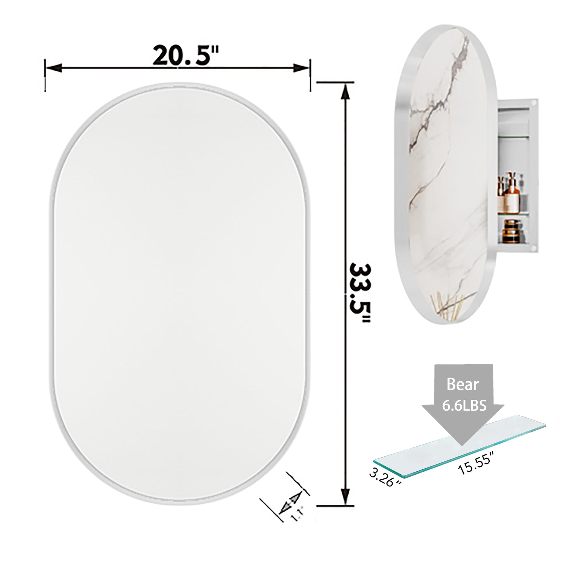 20X34 Inch Oval Recessed Medicine Cabinet, Metal Framed Bathroom Wall Cabinet With Mirror And Adjustable Shelves, Wall Mirror With Storage For Bathroom, White White 2 Adjustable Shelves Bathroom Wall Mounted Metal