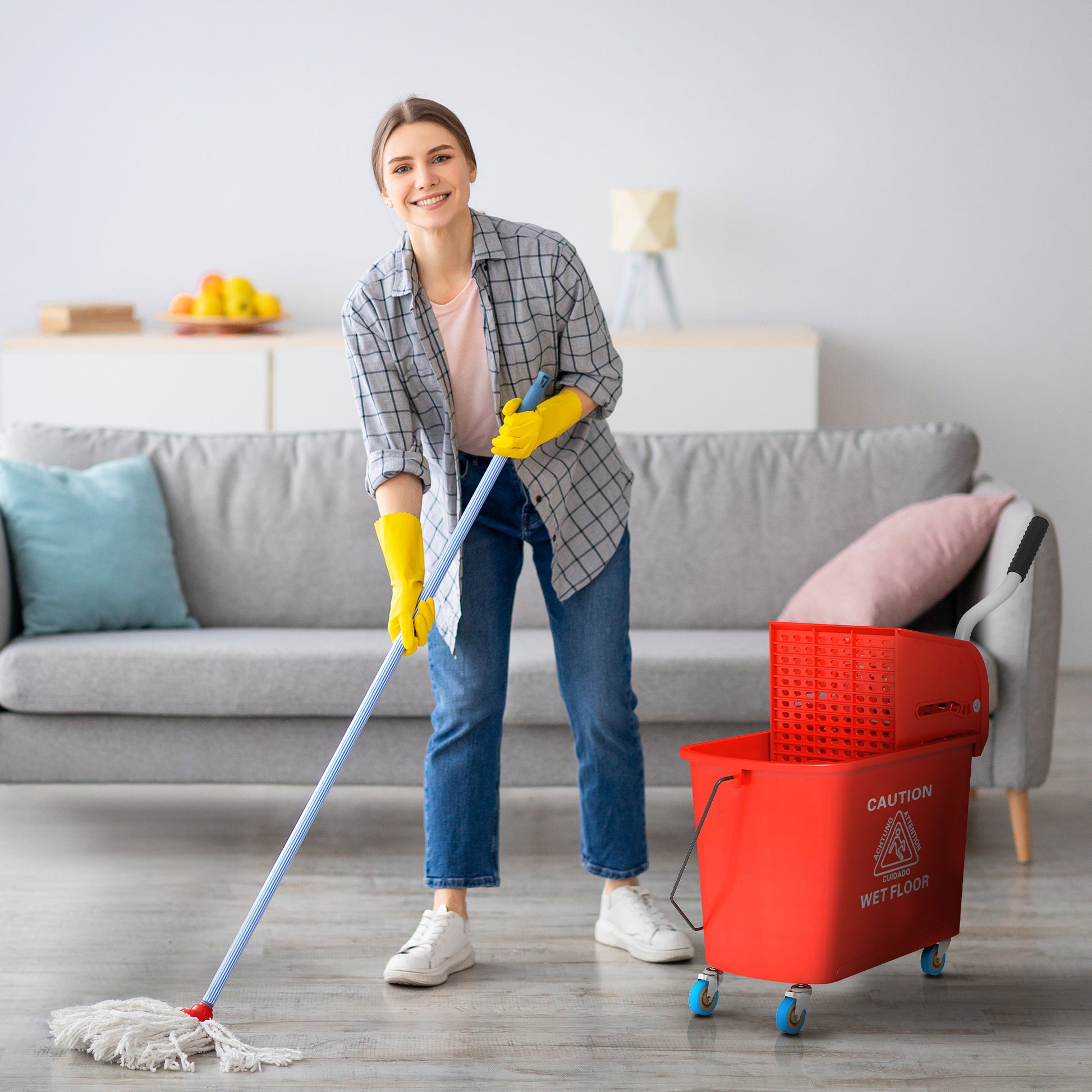 Homcom Mop Bucket With Wringer On Wheels For Floor Cleaning, 21 Quart, Separate Dirty And Clean Water, Red Red Plastic