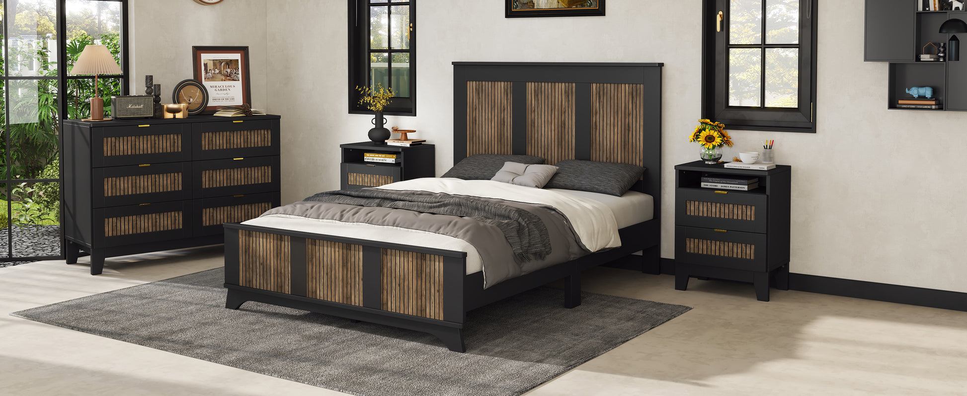 Farmhouse Wooden Platform Full Size Bed, Modern Platform Bed With Wooden Strip Decoration, Plywood Slats Support, Black Full Black Particle Board