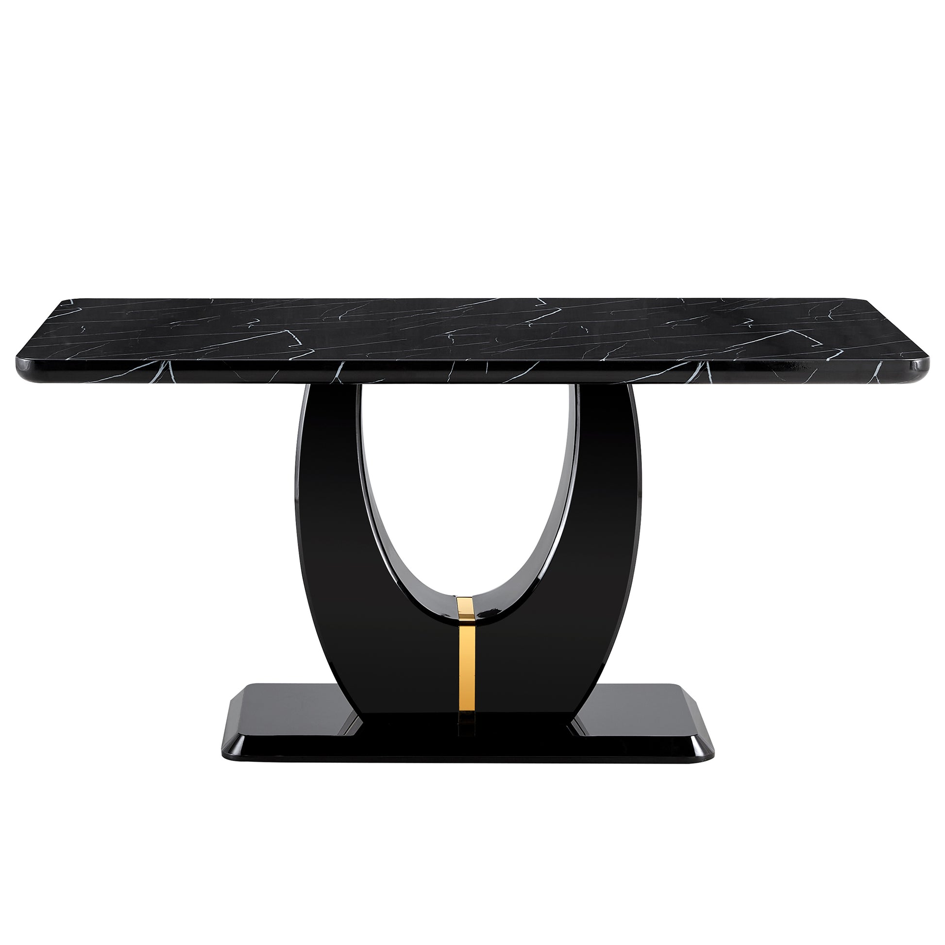 Table And Chair Set.63"W X 37"D X 30"H Black Marble Mdf Diningtable Set With 4 Black Pu Chairs With Gold Metal Legs.Bring A Comfortable Home Experience To The Kitchen, Bedroom, And Office.