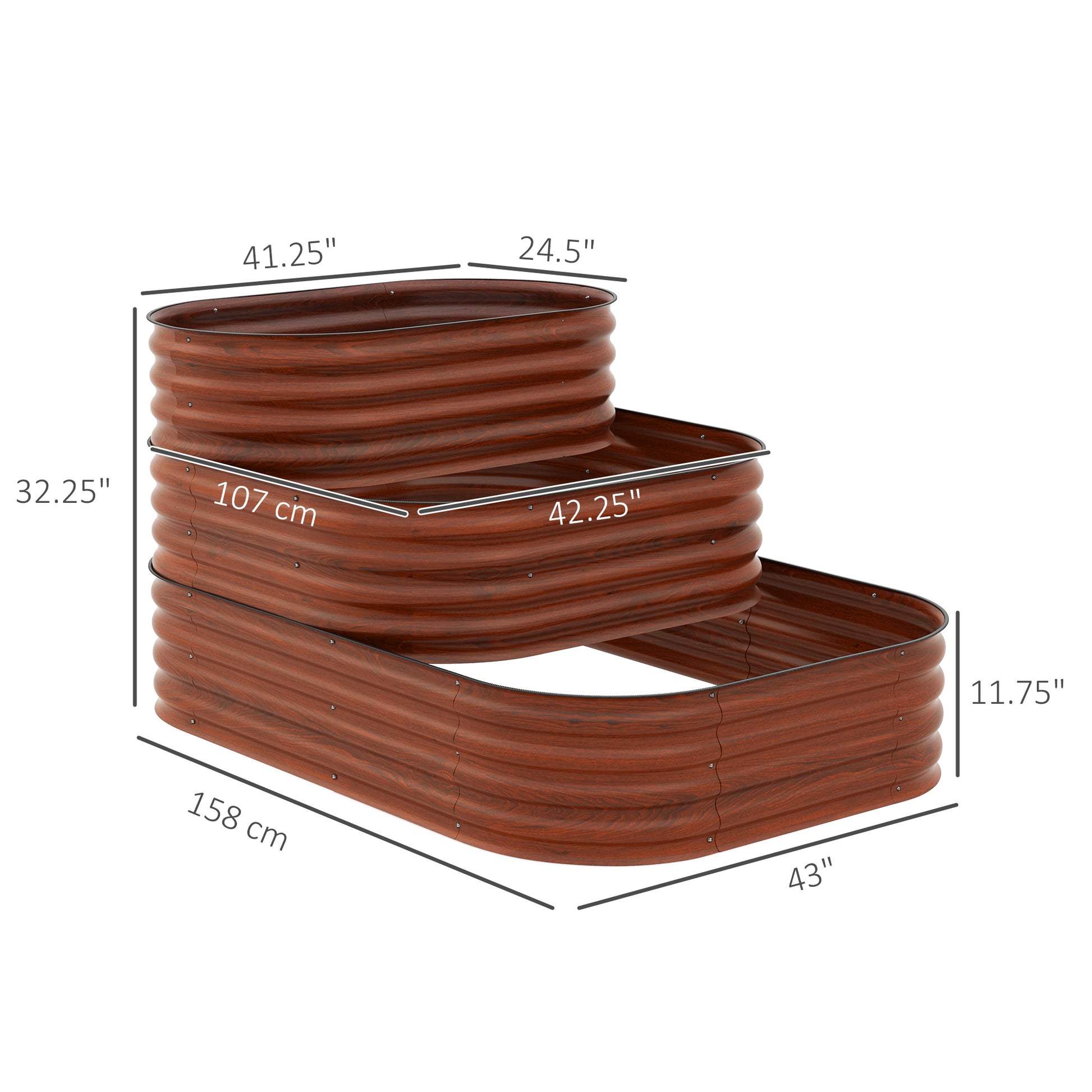 Outsunny 3 Tier Galvanized Steel Raised Garden Bed Kit, 62.25" X 43" X 32.25", 3 Combining Planter Boxes With Rubber Strip Edging, Open Bottom For Backyard, Garden, Patio, Brown Brown Zinc