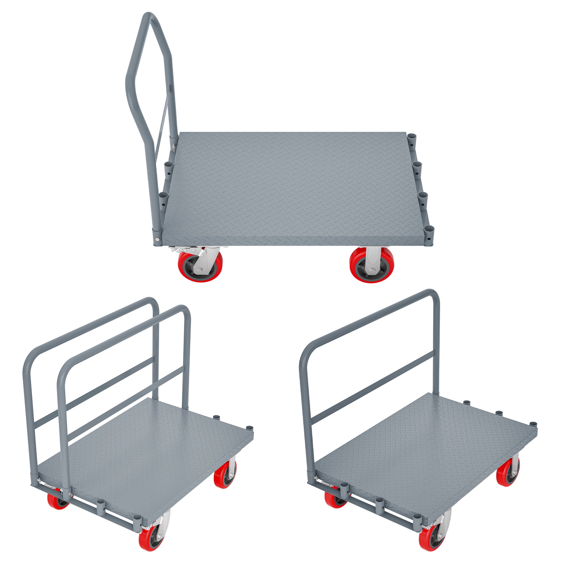 Steel Panel Truck, Heavy Duty Drywall Cart Lumber Cart Platform Truck Flat Cart, 2000Lbs, 6" Swivel Brake Casters, With 1Front And 2 Side Handrails 36''X24'' Grey Metal