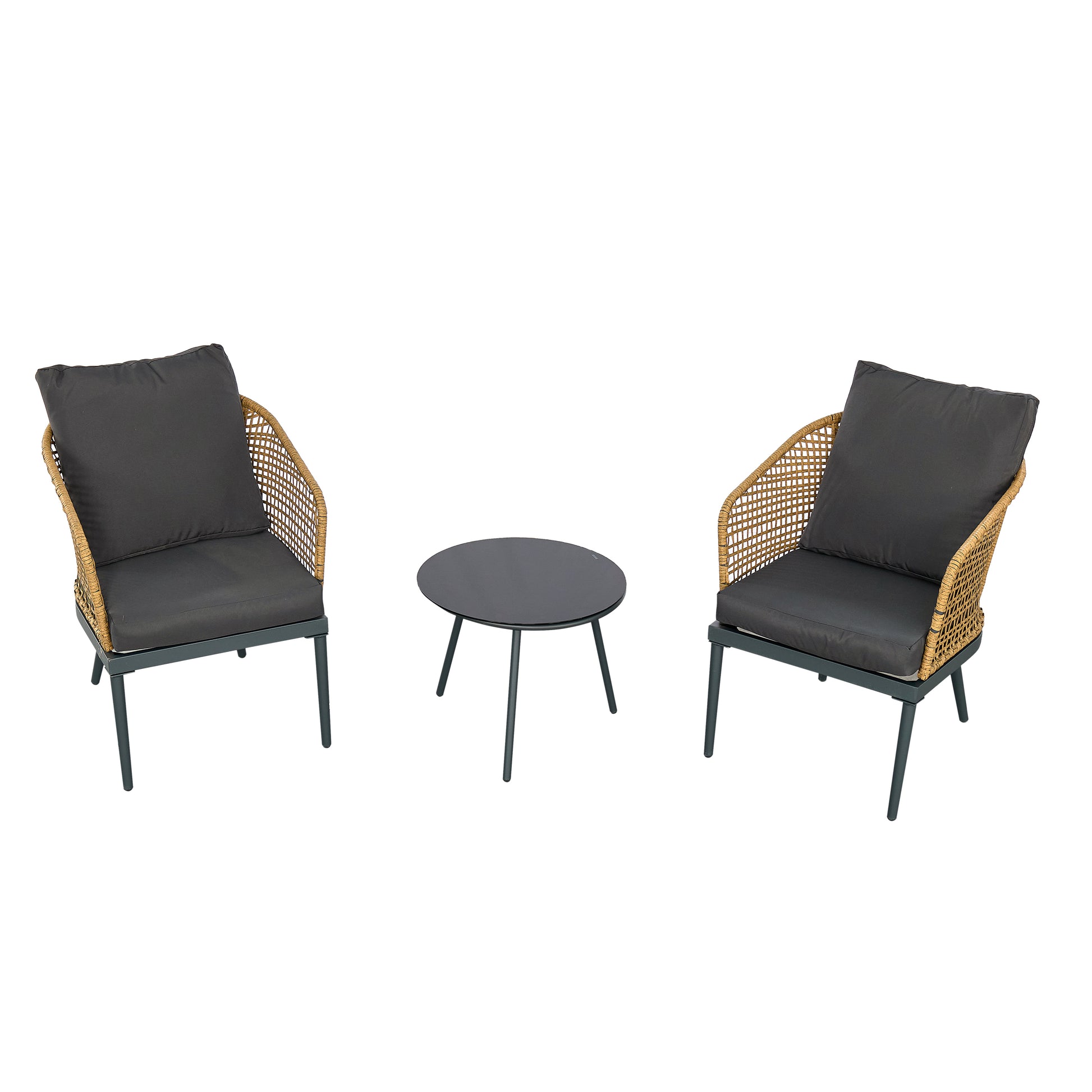 Outdoor Wicker Chairs And Table Bistro Conversation Furniture Set, 3 Pieces For Porch, Balcony, Deck, Patio, Backyard, Natural Color Gray Aluminum