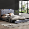 Queen Size Upholstery Platform Bed With Storage Headboard, Led, Usb Charging And 2 Drawers, Gray Queen Gray Upholstered