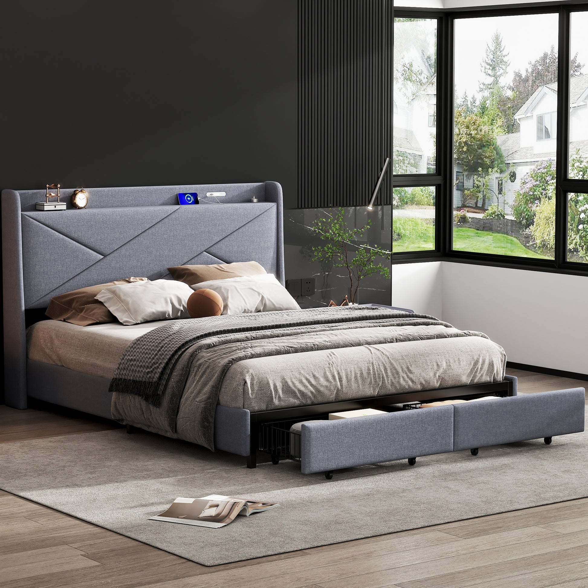 Queen Size Upholstery Platform Bed With Storage Headboard, Led, Usb Charging And 2 Drawers, Gray Queen Gray Upholstered