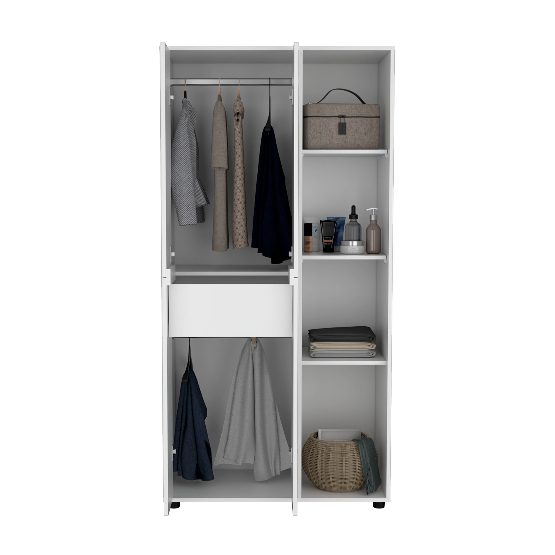 Misuri Wardrobe Armoire With Double Door, Drawer, Hanging Rod, And Open Shelves White White Particle Board