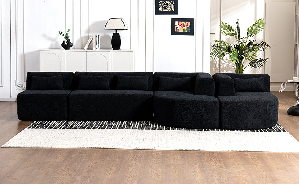 143.7" Upholstered Sofa Free Combined Sofa Couch With Two Chaise Lounge And Five Back Pillows For Living Room, Black Black Foam Polyester 5 Seat