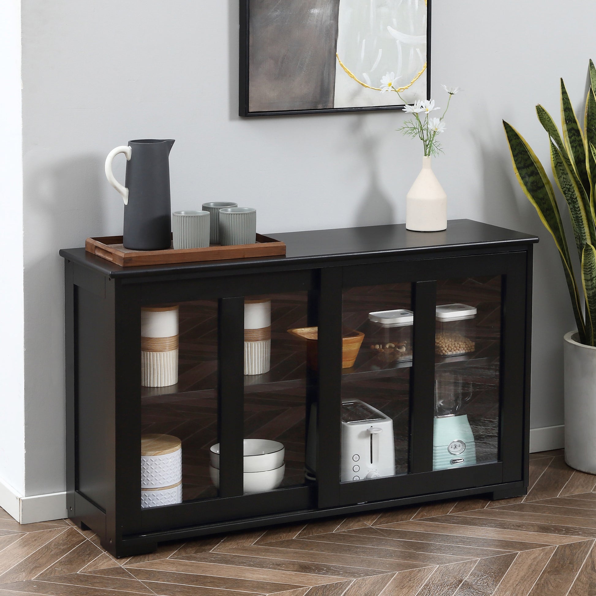 Homcom Sideboard Buffet Cabinet, Stackable Credenza, Coffee Bar Cabinet With Sliding Glass Door And Adjustable Shelf, Black Black Engineered Wood