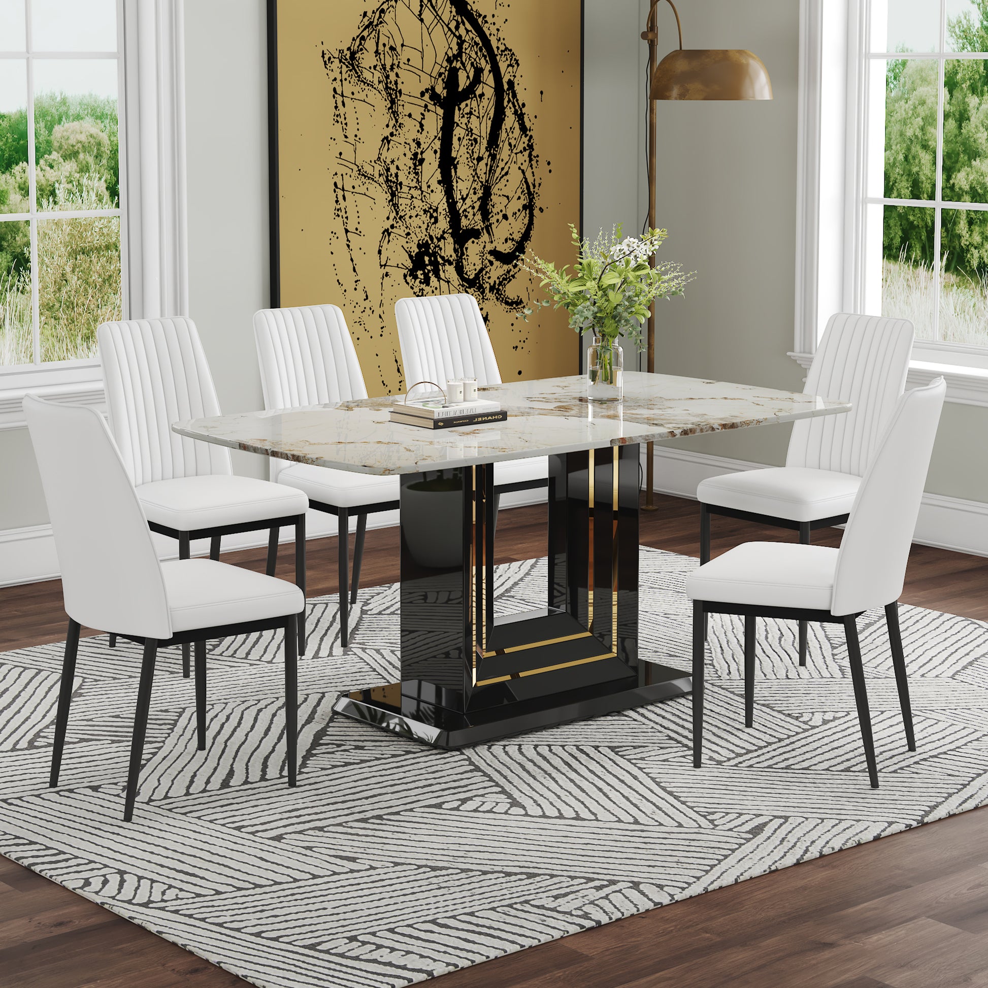 7 Piece Faux Marble Dining Table Set, Glass Rectangular Kitchen Table For 6 8, Modern White Faux Marble Dining Room Table With Mdf Base, Dining Table & 6 Chairs Metal White Rectangular Mdf Glass