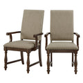 Traditional Classic Brown Armchairs Set Of 2 Beige Fabric Upholstered Trim Wooden Dining Room Furniture Brown Mix Dining Room Traditional Arm Chair Wood