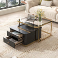 Modern 2 Pieces Black Square Nesting Coffee Table With Drawers & Electroplated Gold Legs In 27.6'' Golden Black Drawers Coffee & End Tables Glossy Square Mdf Glass Mdf Pedestal