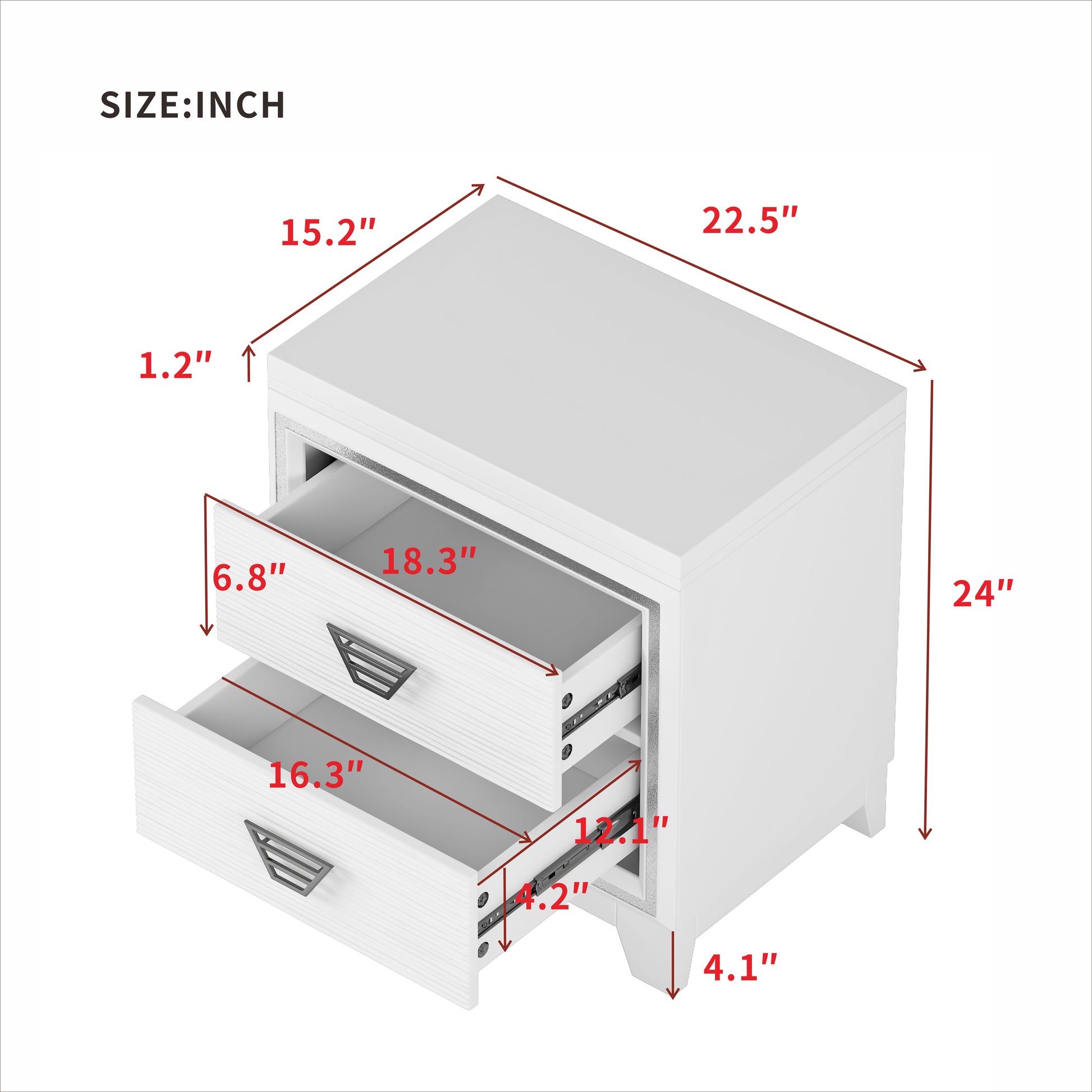 Elegant Nightstand With Metal Handle And Sparkling Shiny Decoration, Bedside Table With 2 Drawers For Bedroom, Living Room, White White 2 Drawers Mdf