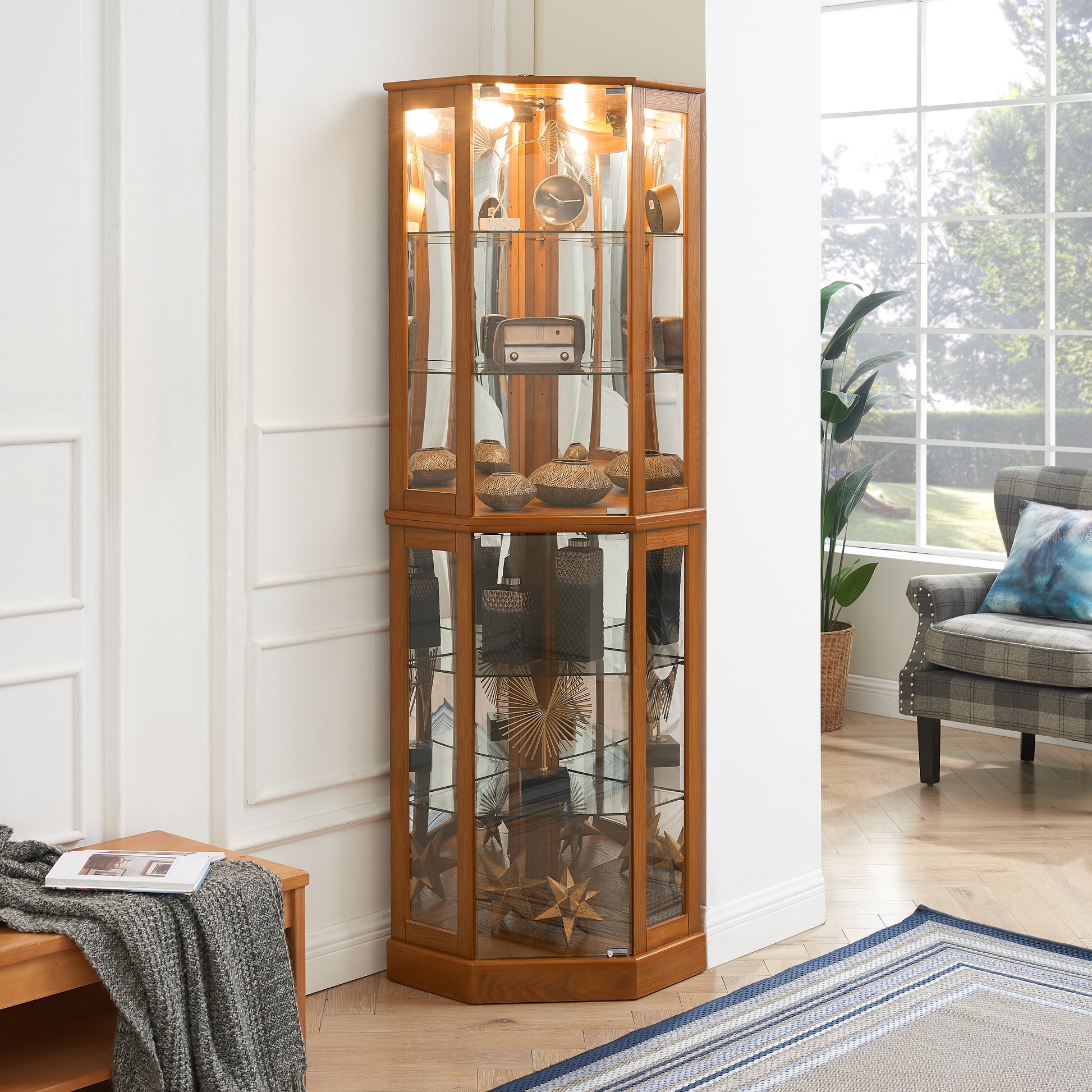 6 Shelf Corner Curio Display Cabinet With Lights, Mirrors And Adjustable Shelves, Oak E26 Light Bulb Not Included Oak Mdf