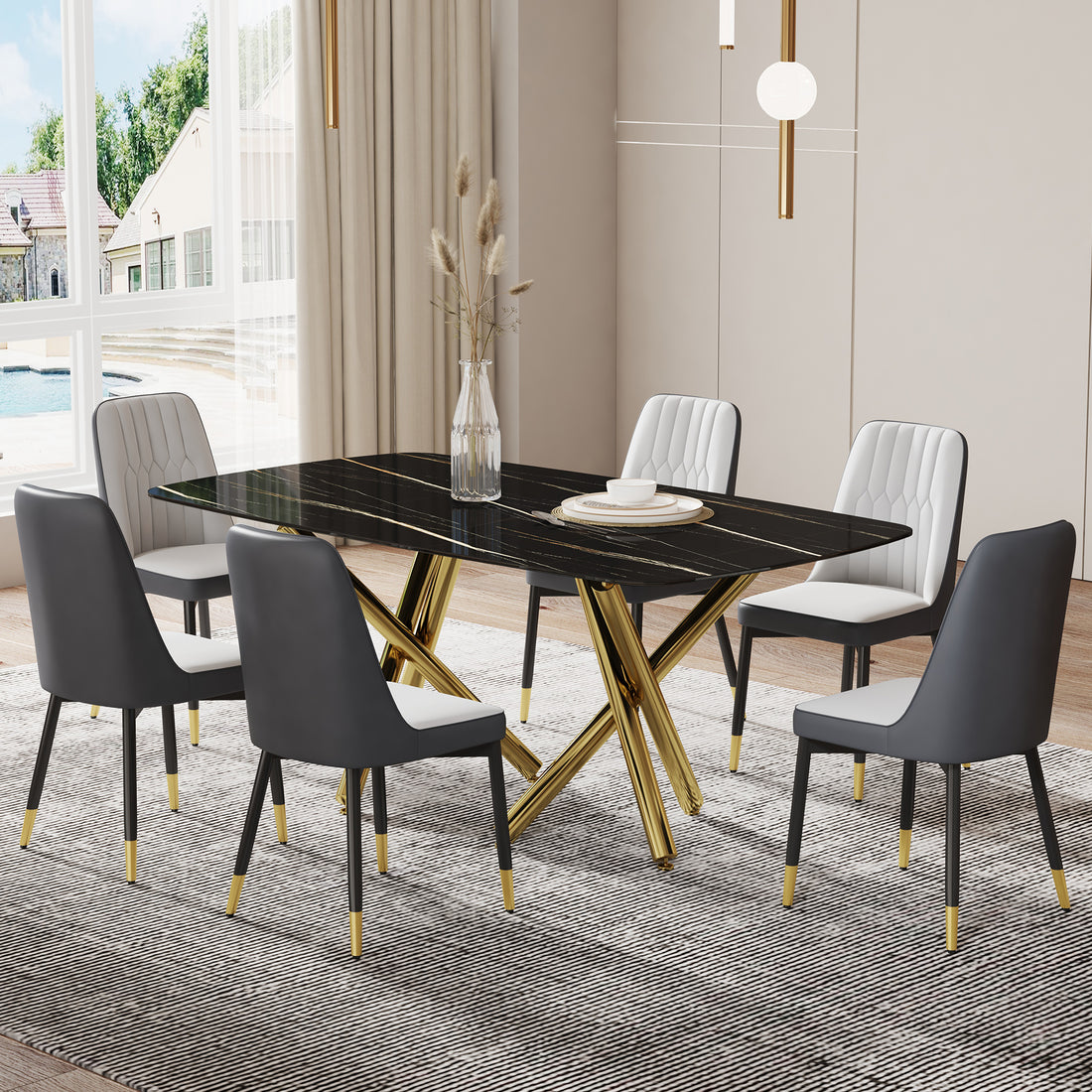 Large Modern Minimalist Rectangular Dining Table With 0.39 "Imitation Marble Black Tabletop And Golden Metal Legs, Paired With Chairs With Pu Cushions And Black Metal Legs. F 1538 C 007 Black Gold Glass Metal