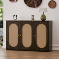 Retro 3 Door Sideboard With Large Storage Space Artificial Rattan Doors And Metal Handles, Accent Cabinet For Living Room And Hallway Brown Brown Particle Board Mdf