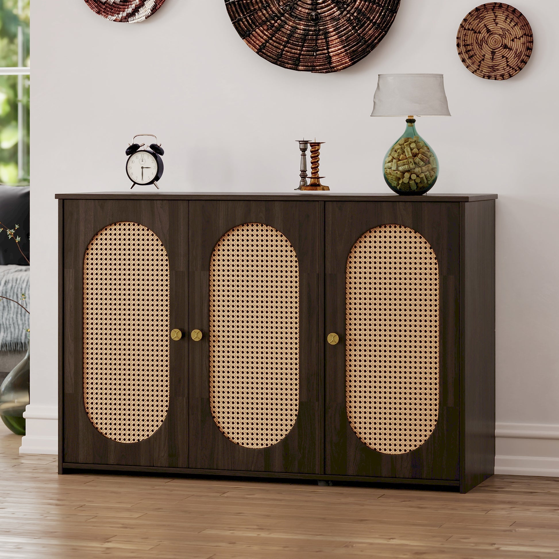 Retro 3 Door Sideboard With Large Storage Space Artificial Rattan Doors And Metal Handles, Accent Cabinet For Living Room And Hallway Brown Brown Particle Board Mdf