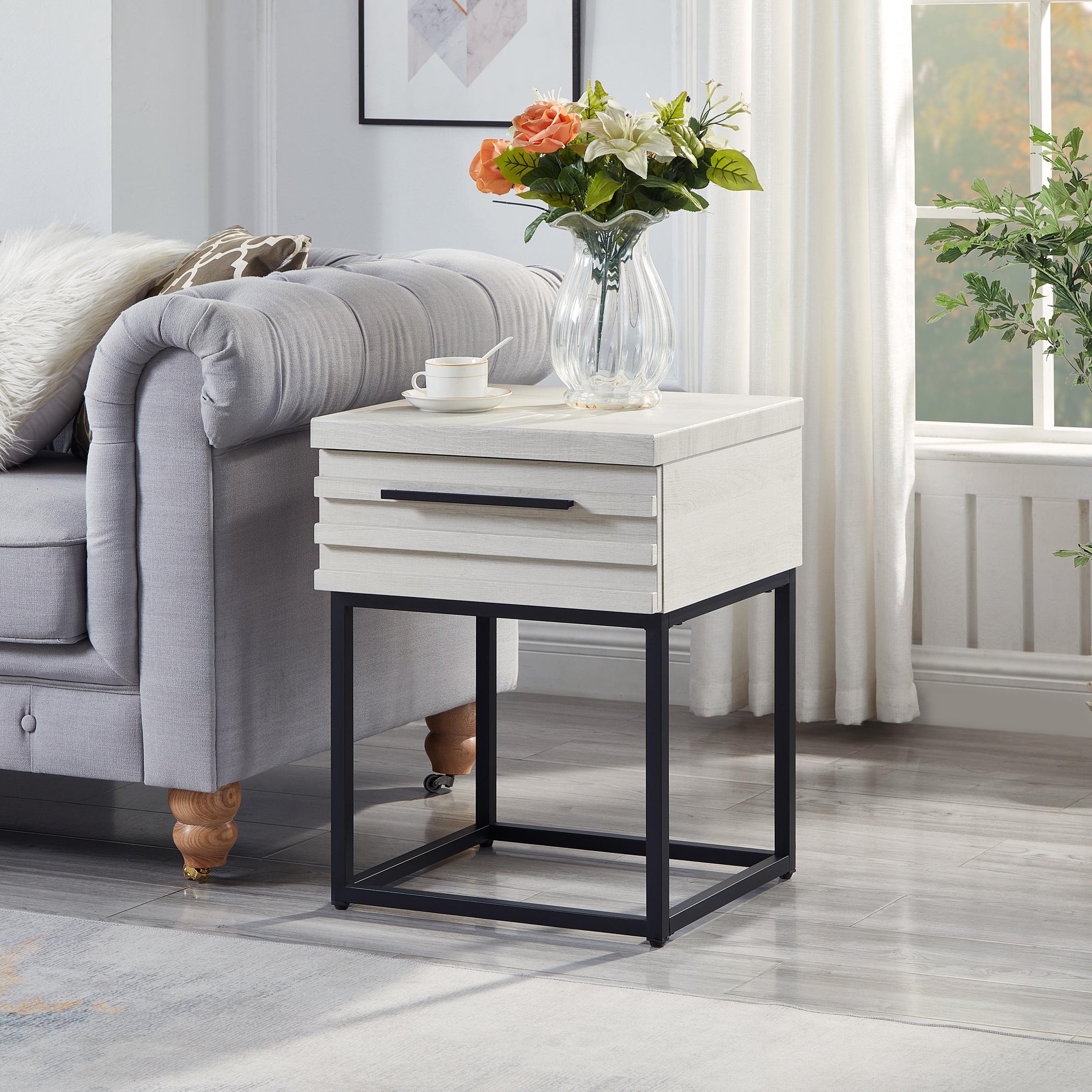 Celestial Contemporary Storage End Table, White White Wood Metal