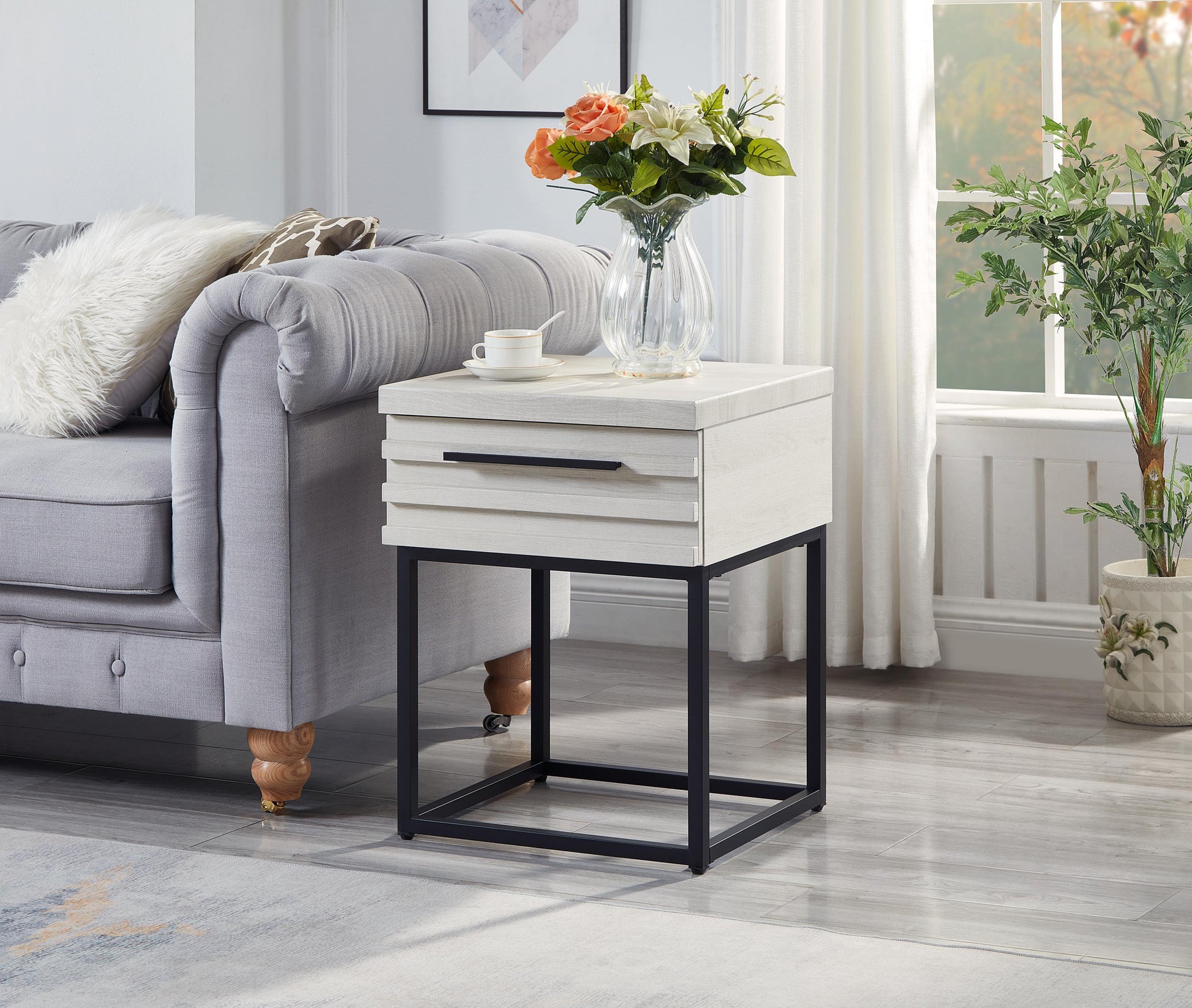 Celestial Contemporary Storage End Table, White White Wood Metal