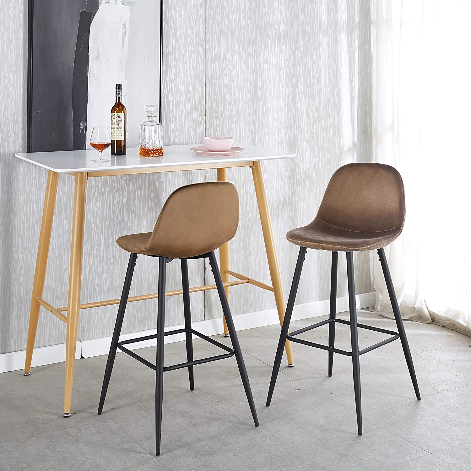 Bar Stools Set Of 2, 30 Inches Velvet Barstool Modern Counter Bar Height Chair With Back, Sturdy Metal Legs & Footrests, Easy Assembly, Island Stool For Kitchen Bar Brown Velvet