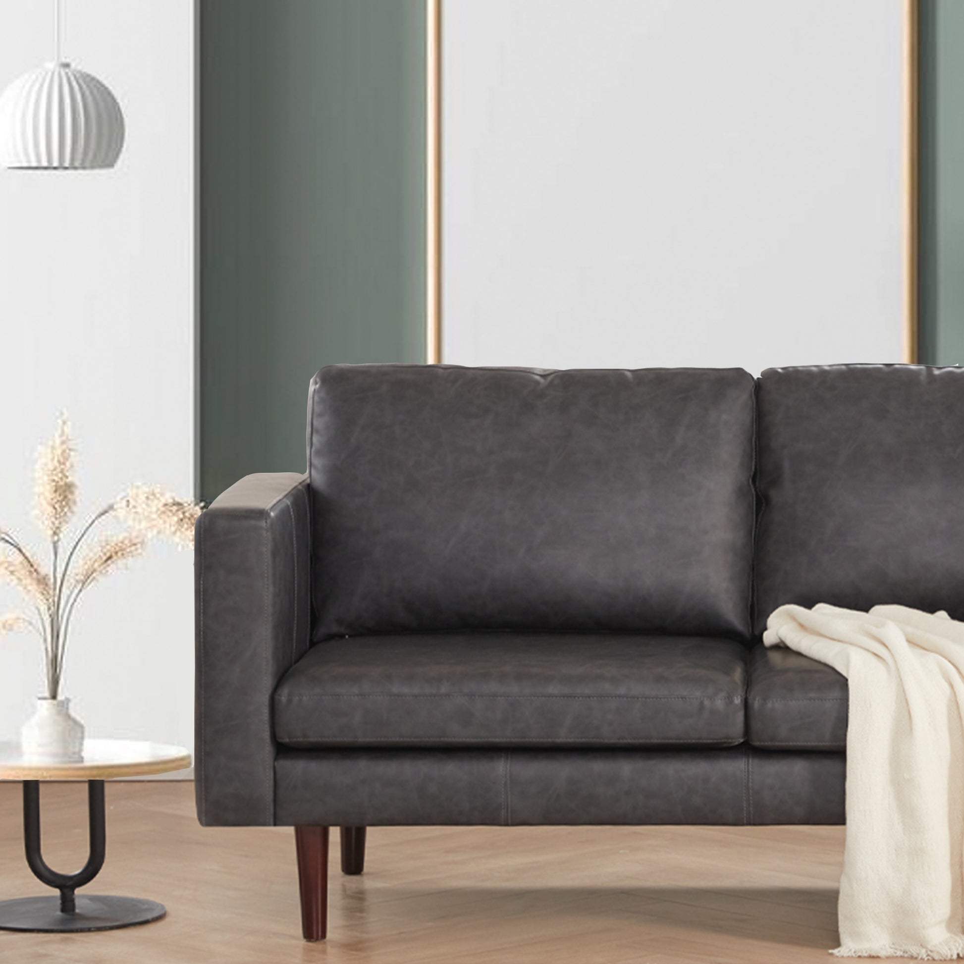 65'' Faux Leather Sofas For Living Room, Black Couch Loveseat Small Spaces Bedroom With Solid Wooden Frame And Padded Cushion, Mid Century Modern Decor Beautiful Seats Furniture, Black Brown Wood Bedroom Heavy Duty Oak 2 Seat Antique Black Faux Leather