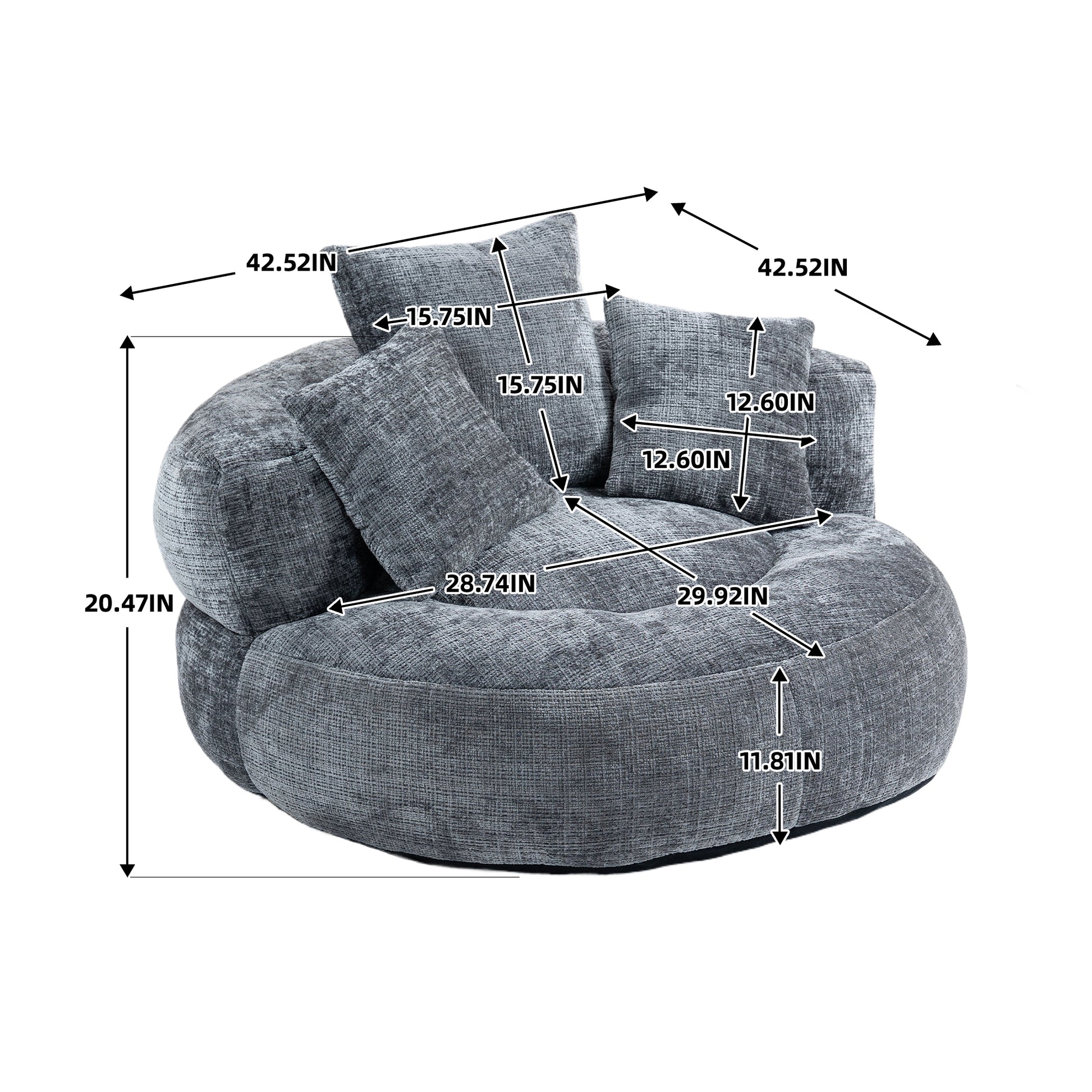 Coolmore Lazy Sofa Durable Comfort Lounger High Back Bean Bag Chair Couch With Three Pillows For Adults And Kids, Indoor & Outdoor, Single Gaming Sofa Chair For Bedroom,Office Gray Chenille Gray Foam Chenille 1 Seat