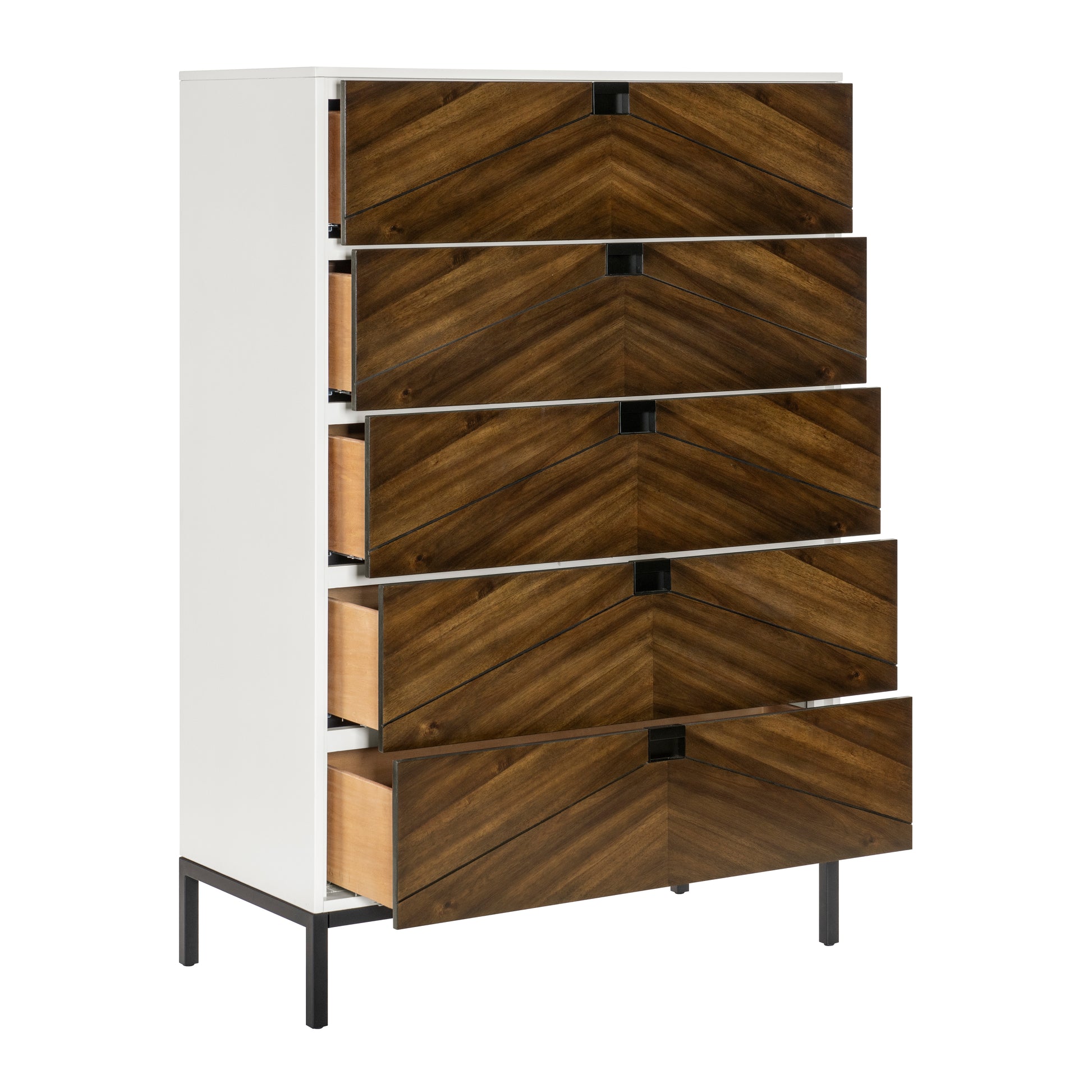 Beautiful White And Walnut Finish 1Pc Chest Of Drawers Storage Black Metal Legs Flat Tone Pocket Pulls Modern Bedroom Furniture White Walnut Bedroom Wood