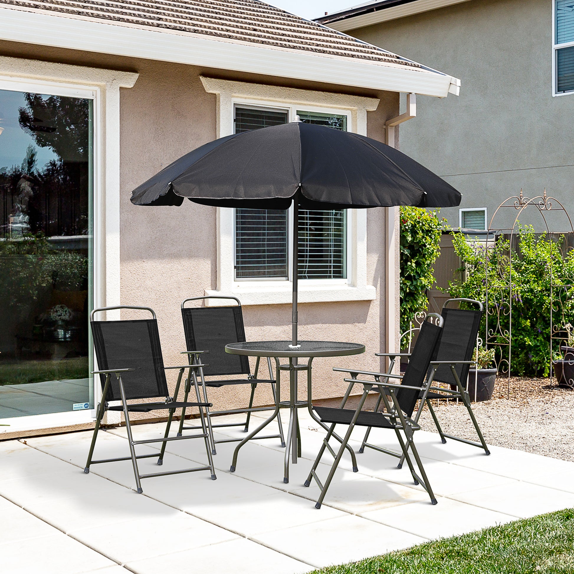 Outsunny 6 Piece Patio Dining Set For 4 With Umbrella, Outdoor Table And Chairs With 4 Folding Dining Chairs & Round Glass Table For Garden, Backyard And Poolside, Black Black Steel