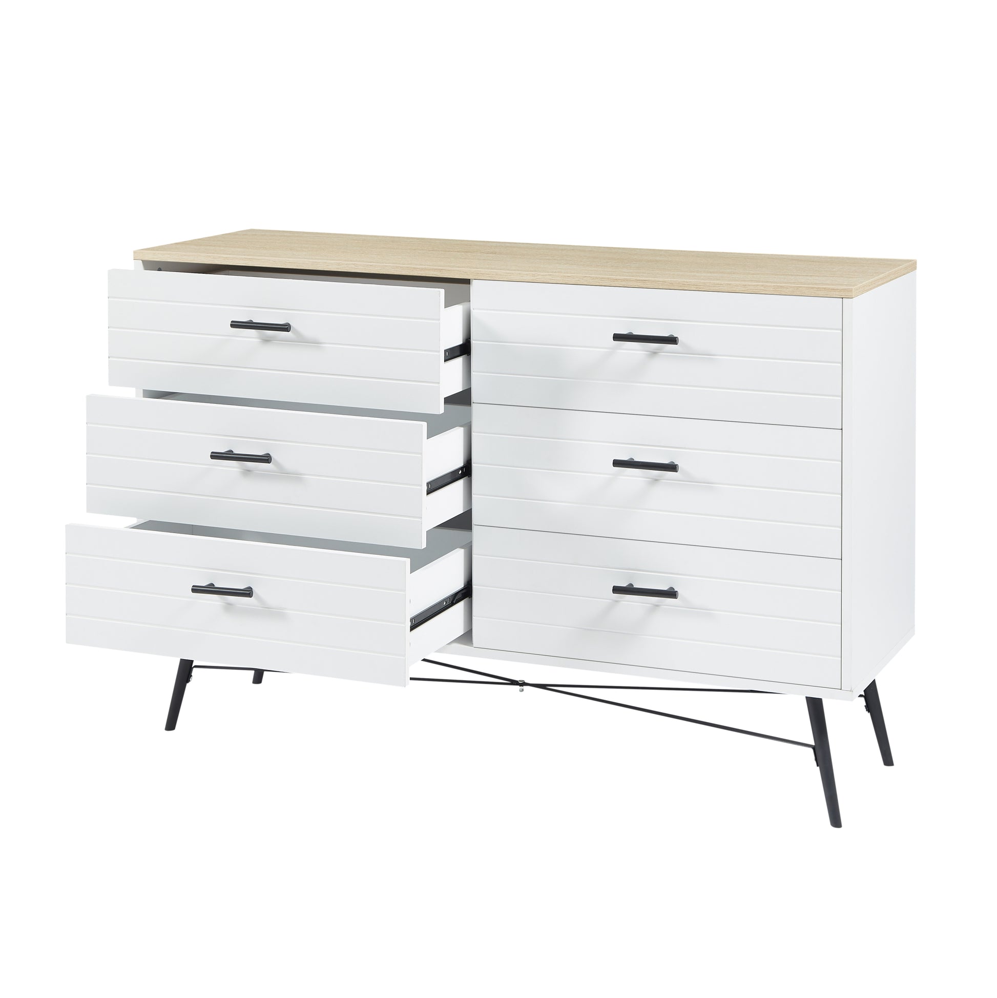 6 Drawer Dresser For Bedroom With Deep Drawers, Wood Dressers & Chest Of Drawers, Modern White Long Dressers For Closet Living Room, 47.2"W X 15.7"D X 31.5"H, White & Oak 5 Or More Drawers White Light Oak Brown Bedroom Rustic,Vintage Particle Board