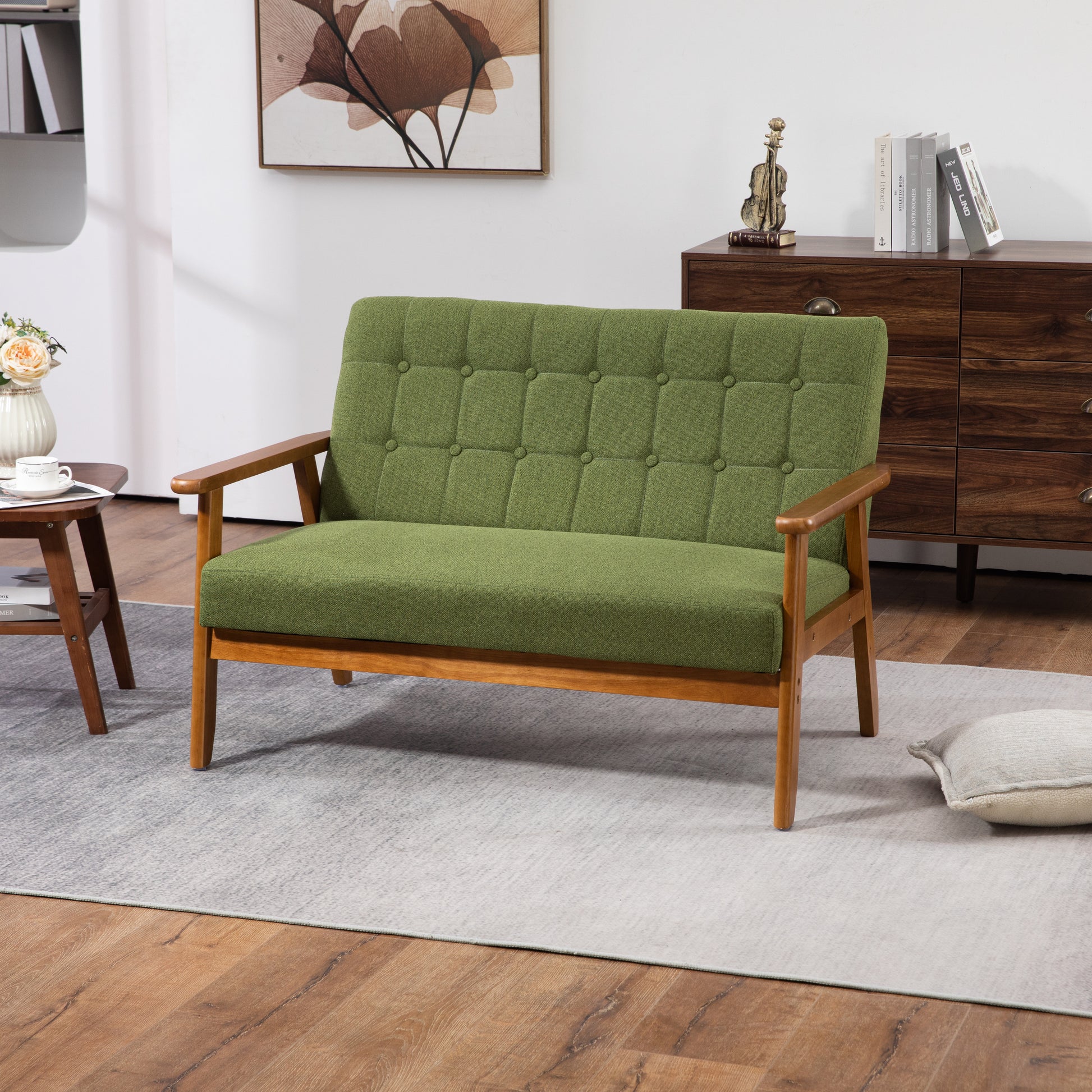 Coolmore Mid Century Modern Solid Loveseat Sofa Upholstered Linen Loveseat, 2 Seat Upholstered Loveseat Sofa Modern Couch Green Linen 2 Seat