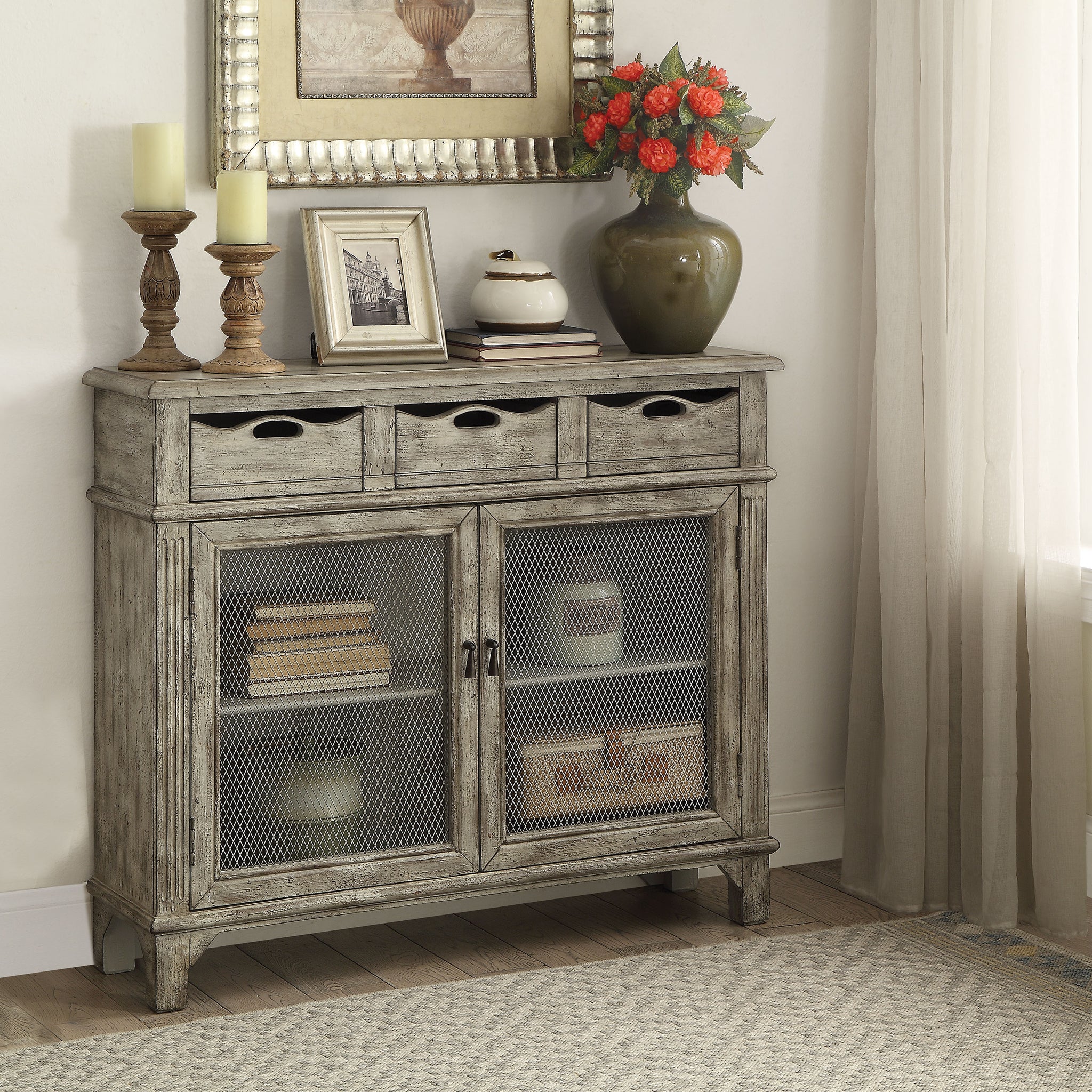 Weathered Grey 2 Door Console Cabinet With 3 Drawer Freestanding 3 4 Drawers Grey Primary Living Space Drawers Included Modern Solid Wood Mdf