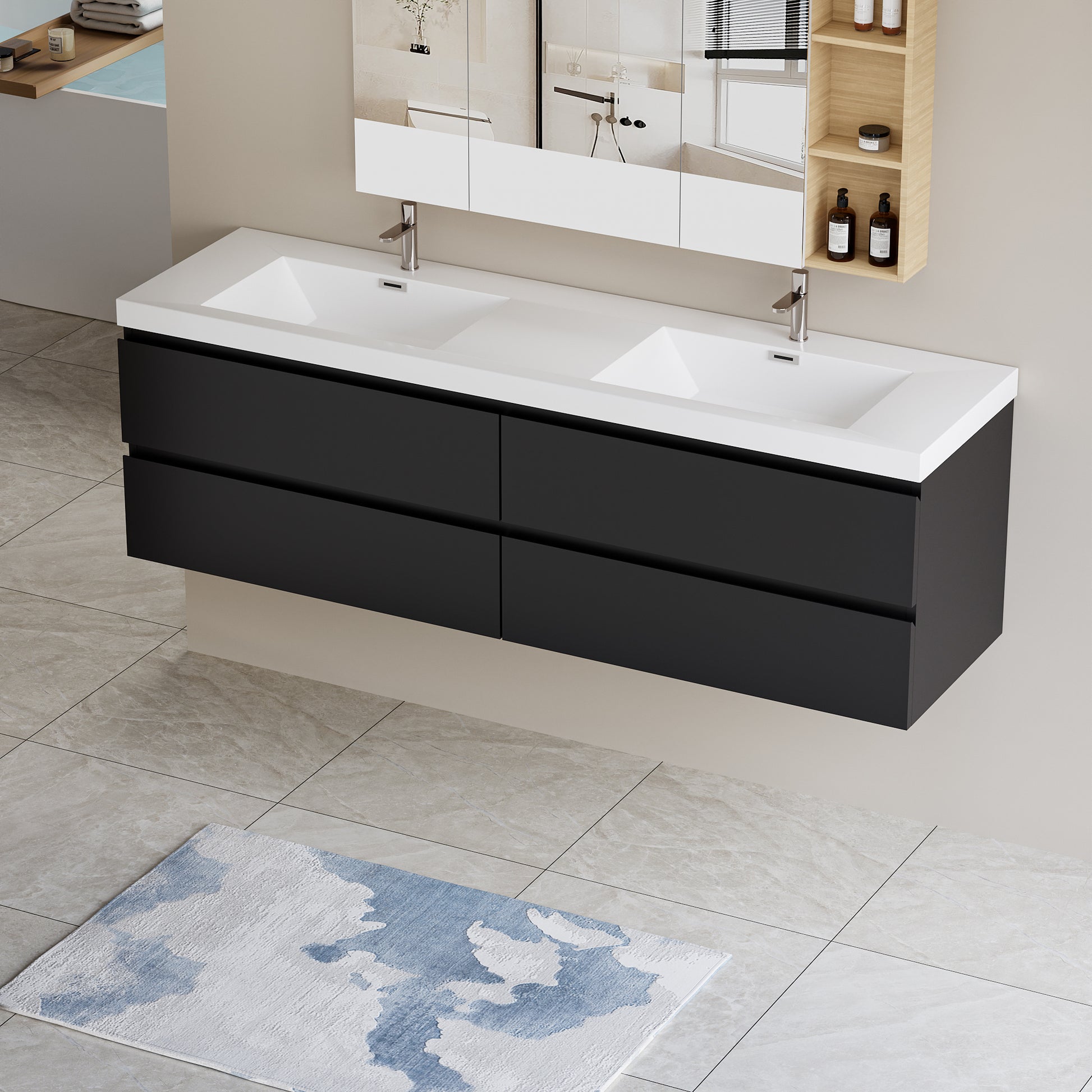 72" Floating Bathroom Vanity with Sink, Modern Wall 4+-black-bathroom-wall mounted-mdf