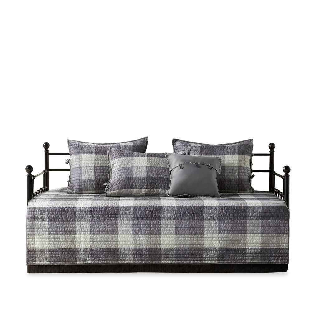 6 Piece Reversible Plaid Daybed Cover Set Grey Daybed Grey Polyester