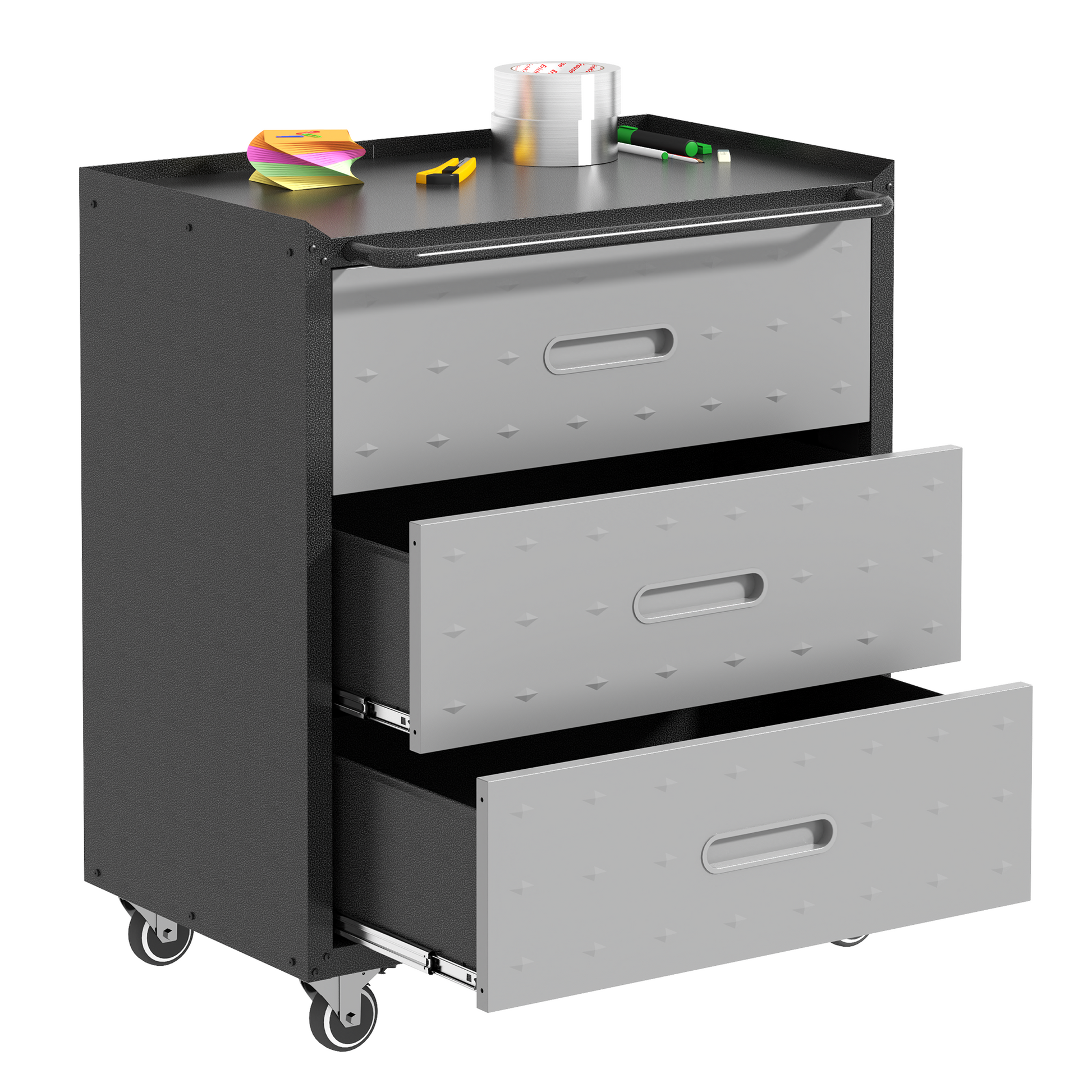 Heavy Duty Metal Storage Cabinet With Wheels 3 Drawer Tool Cabinet For Garage, Office, And Home Organizer Solutions, Black Gray Black Gray Steel