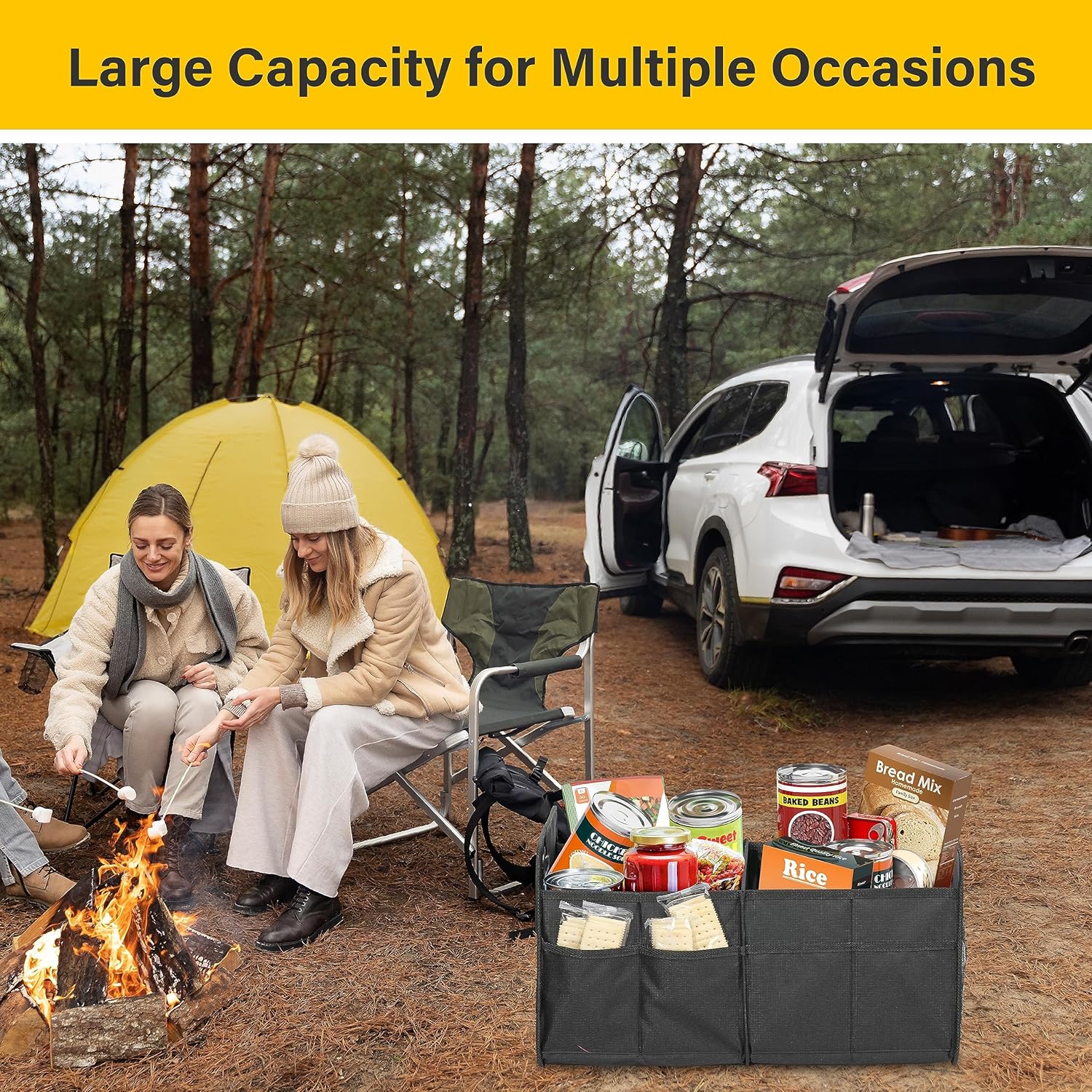 Trunk Organizer For Car Suv Truck, Collapsible 2 Compartment Automotive Storage Box, 600D Waterproof Oxford Polyester 50L Travel Accessories, Anti Slip & Leak Proof, Black Black Polyester