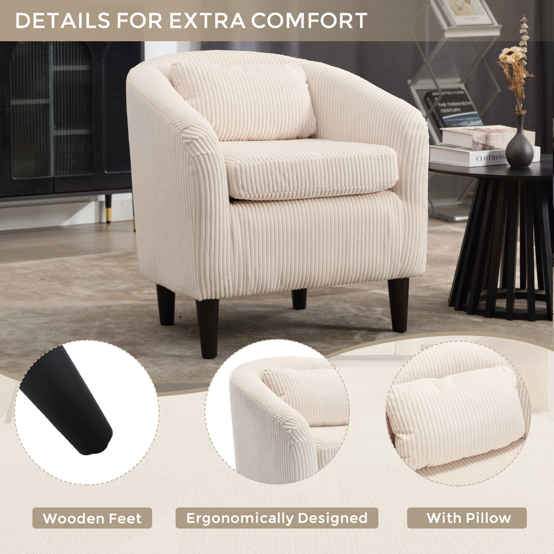 Coolmore Living Room Accent Barrel Chair, Century Modern Style Decorative Chair, Armchair For Living Room With Thick Cushions And Pillows, Comfy Single Sofa Chair, Chair With Wooden Legs,Beige Beige Corduroy