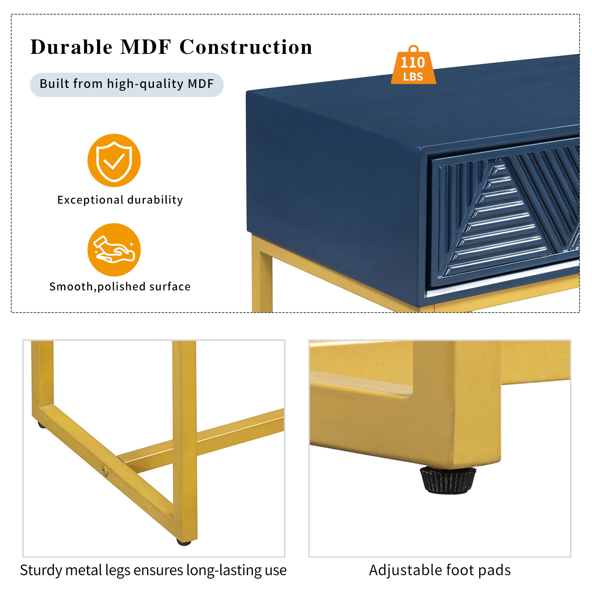 Modern Sleek Console Table Two Drawers With Stripe Design For Living Room And Entryway Navy Navy Mdf