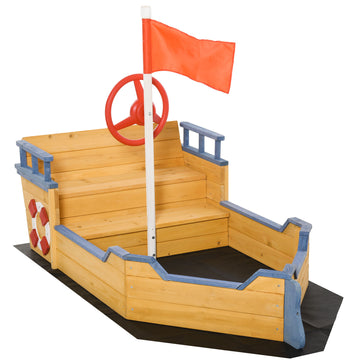 Outsunny Wooden Kids Pirate Sandbox, Outdoor Sandboat With Bench Seats, Storage, Non Woven Fabric Cloth For Backyard, Lawn Natural Wood