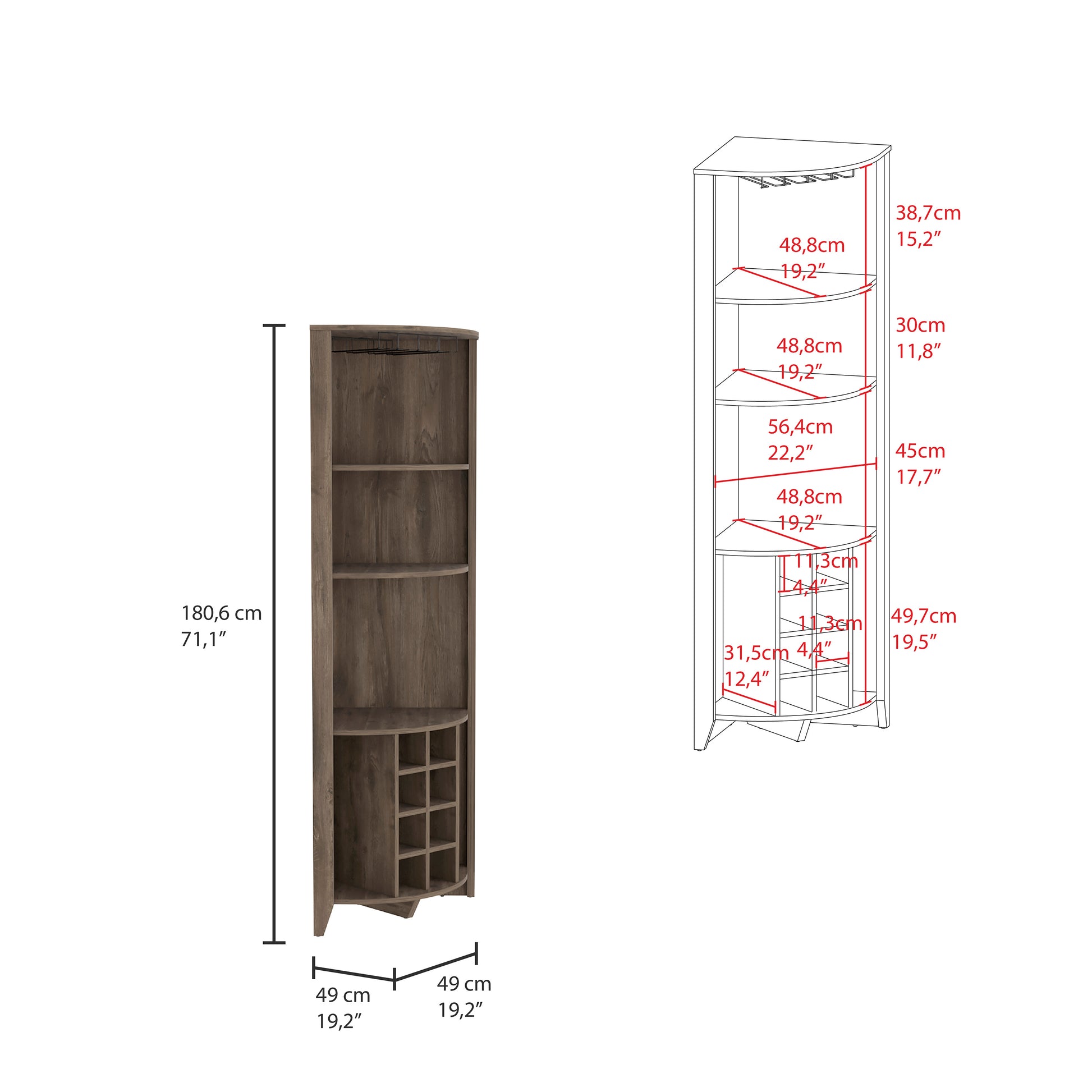 Essential Corner Bar Cabinetthree Shelves, Eight Built In Wine Rack, Two Side Shelves Dark Brown Dark Brown Dining Room Modern Shelves Included Particle Board