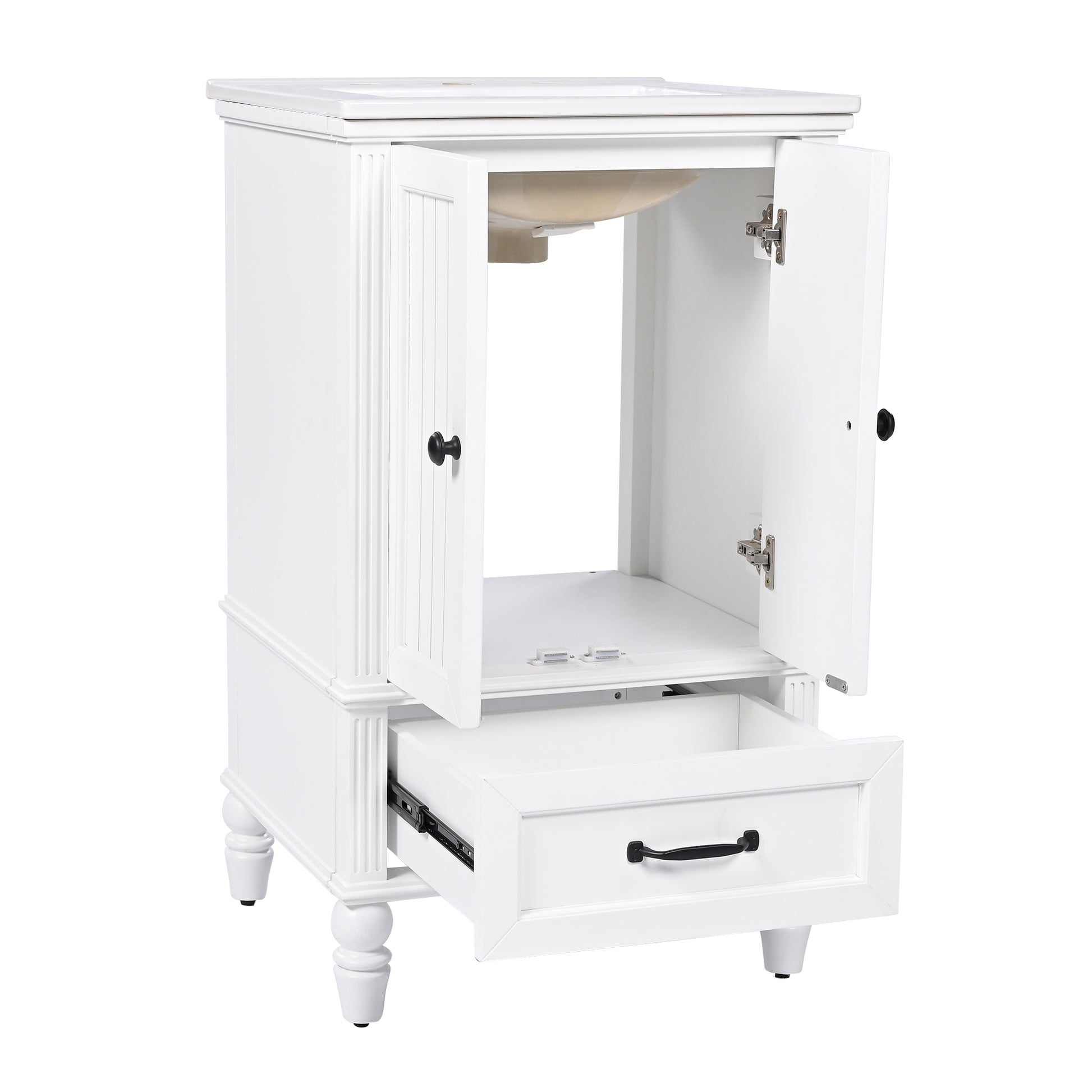 20" Bathroom Vanity With Sink, Bathroom Cabinet With Two Doors, Magnetic Door Stopper And Adiustable Foot Pads, A Drawer, White White Mdf