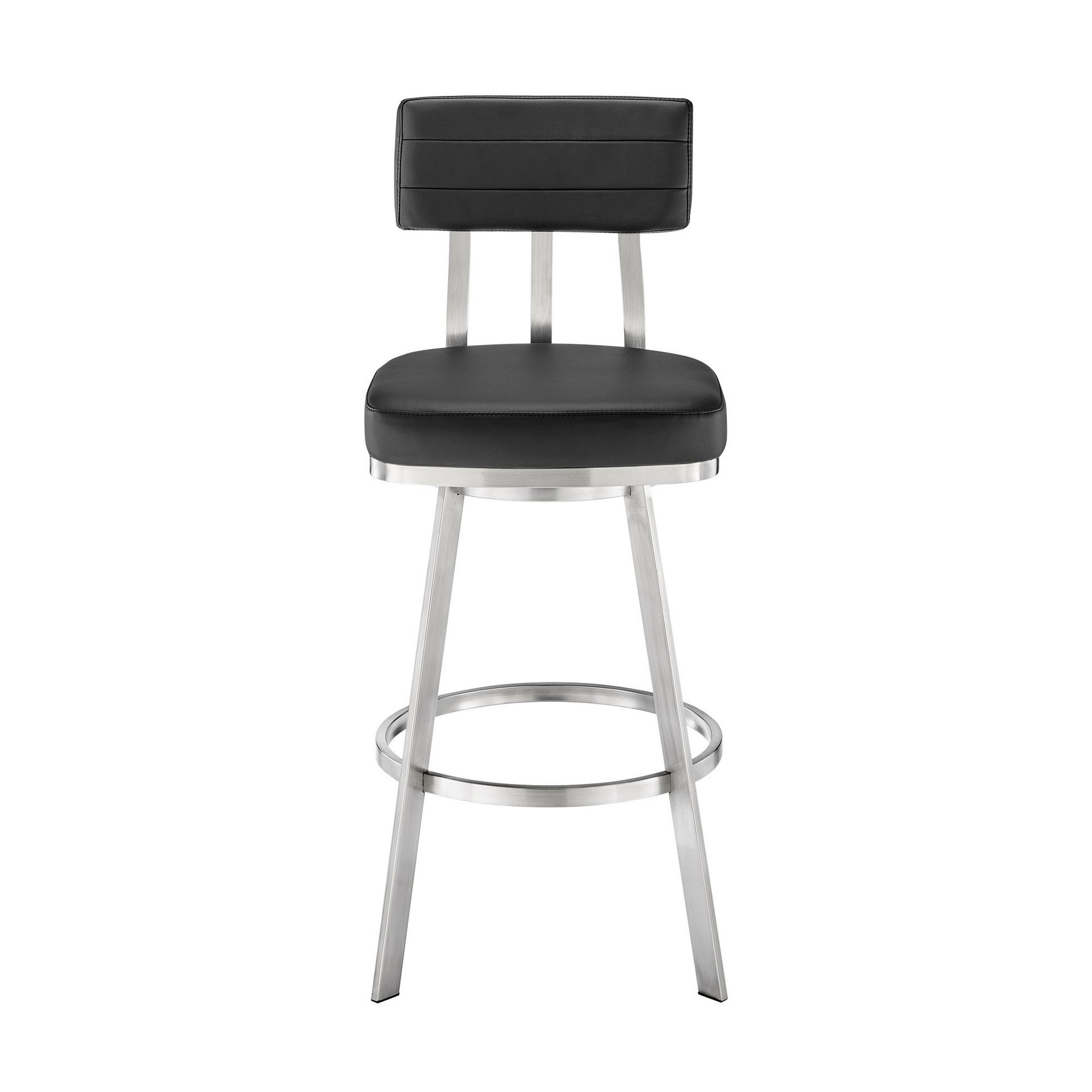 Col 26 Inch Swivel Counter Stool, Black Faux Leather, Stainless Steel Frame Black Silver Steel