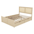 Queen Size Wood Storage Platform Bed With 4 Drawers, Rattan Headboard, Nature Box Spring Not Required Queen Antique Natural Wood Bedroom Bed Frame Wood Rattan