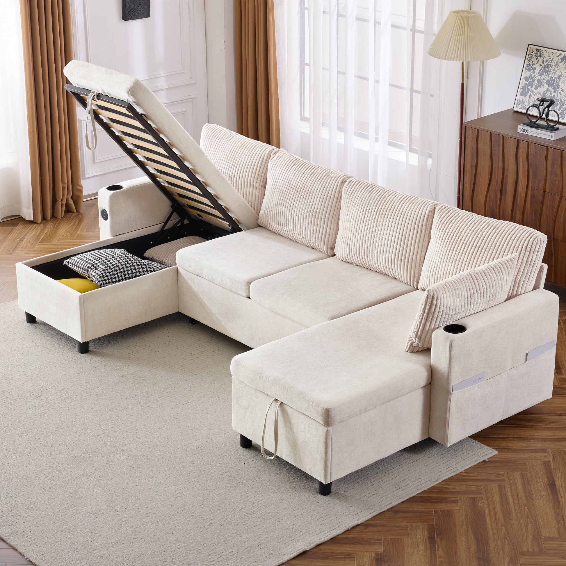 111.8" Sectional Sofa Pull Out Sofa Bed Versatile Sofa Sleeper With Large Storage Space, Two Usb Ports And Two Cup Holders For Living Room, Beige Beige Foam Chenille 4 Seat