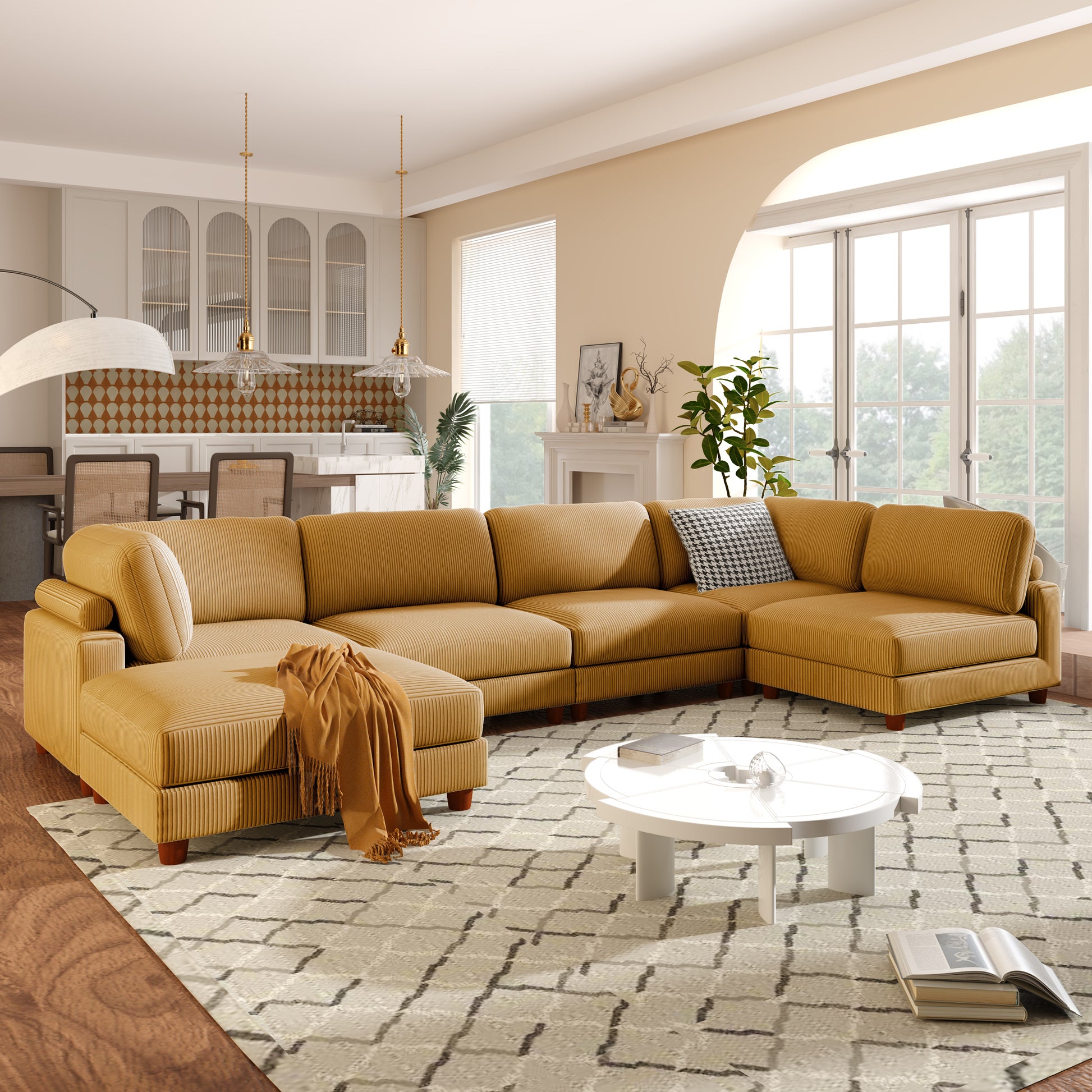 163''Modular Sectional Sofa,With Ottoman L Shaped Corner Sectional For Living Room,Office, Apartment 6 Seater Yellow Polyester 6 Seat