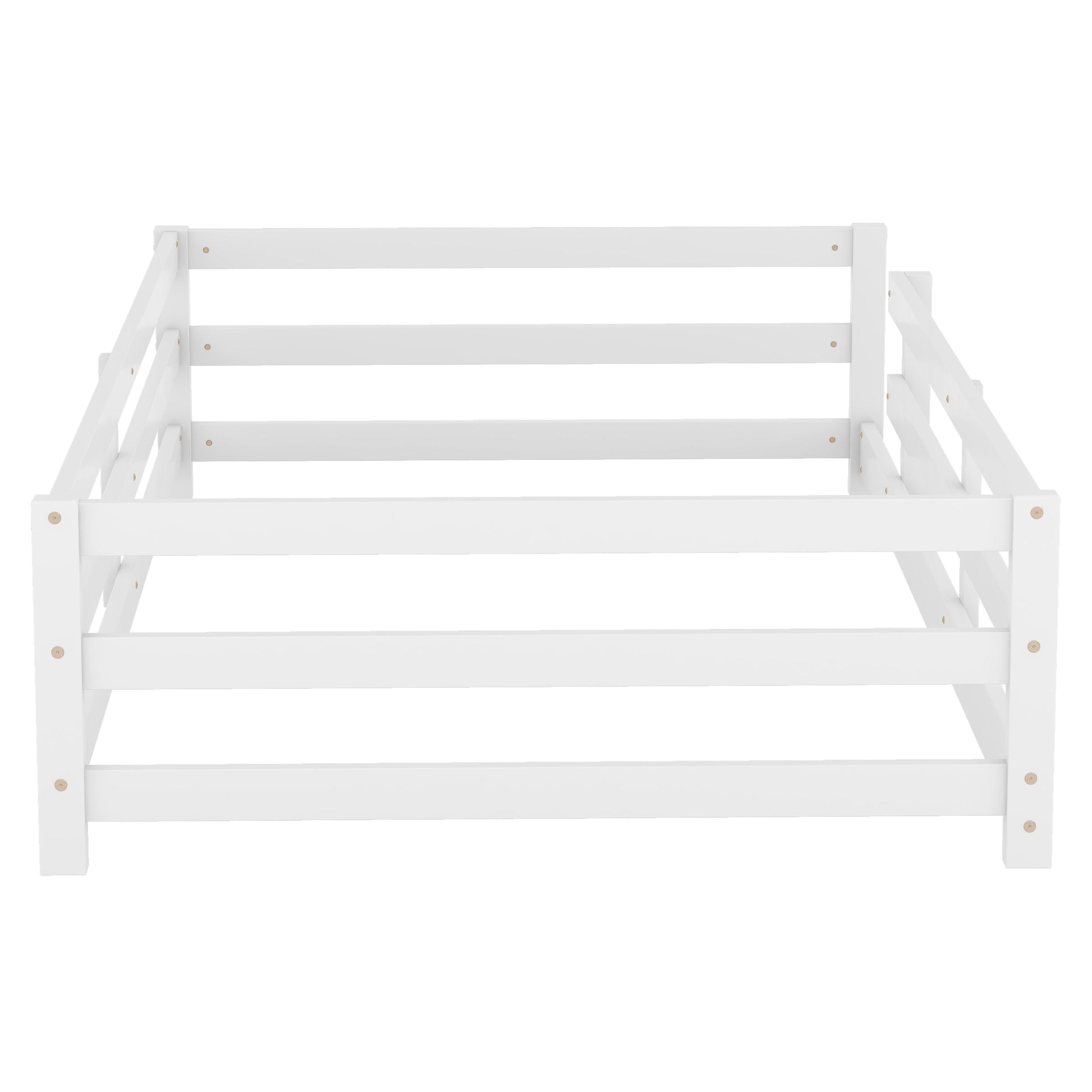 Twin Size Floor Bed, Montessori Floor Bed With Fence, Kids Montessori Bed Twin Size, Wood Montessori Floor Bed For Kids, Girls, Boys White White Wood Metal