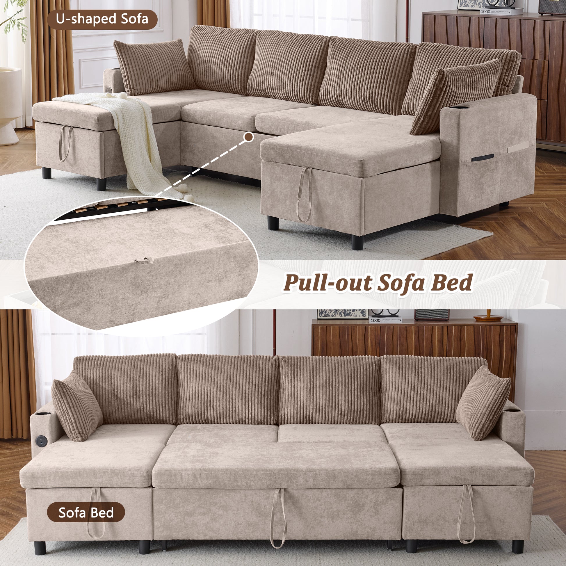 111.8" Sectional Sofa Pull Out Sofa Bed Versatile Sofa Sleeper With Large Storage Space, Two Usb Ports And Two Cup Holders For Living Room, Brown Brown Foam Chenille 4 Seat