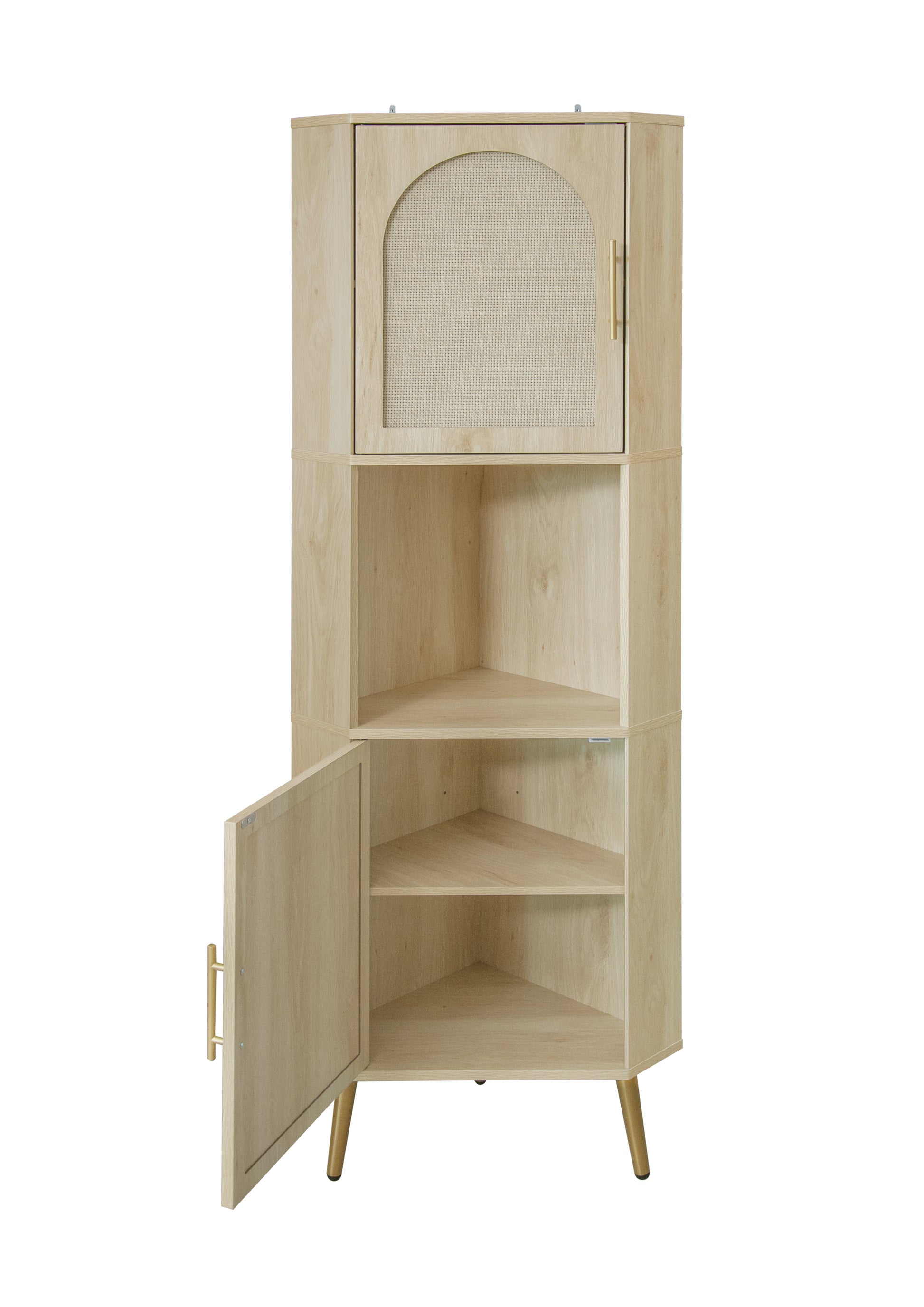 Corner Cabinet ,Rattan Door,Freestanding Corner Tables For Small Spaces, Corner Shelf Stand For Living Room, Kitchen, Bathroom, Bedroom Natural Mdf