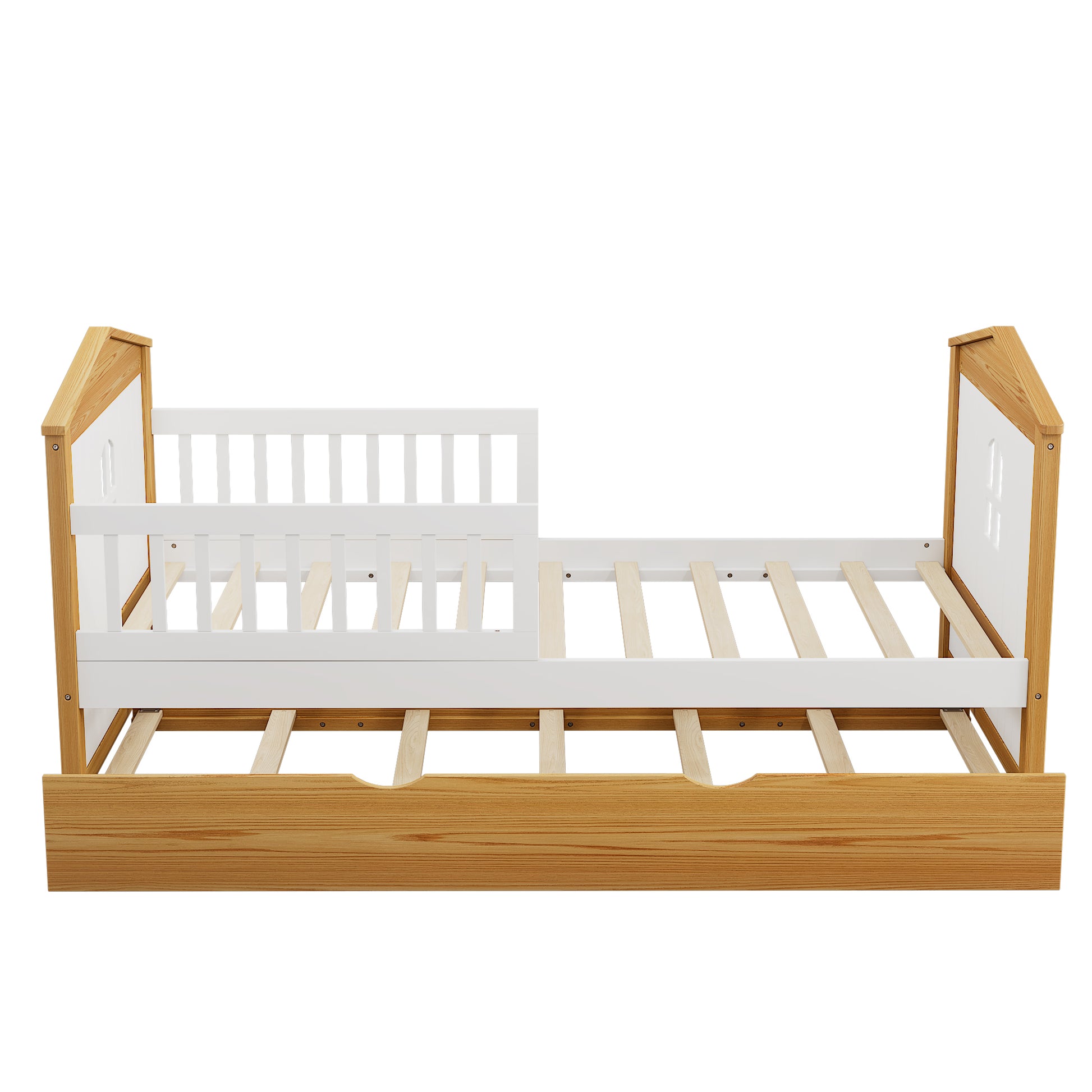Twin Size House Shape Bed With Trundle Wooden Bed For Girls Boys Teens, No Box Spring Needed, Walnut And White Box Spring Not Required Twin White Walnut Wood Bedroom Cute Pine Bed Frame Wood