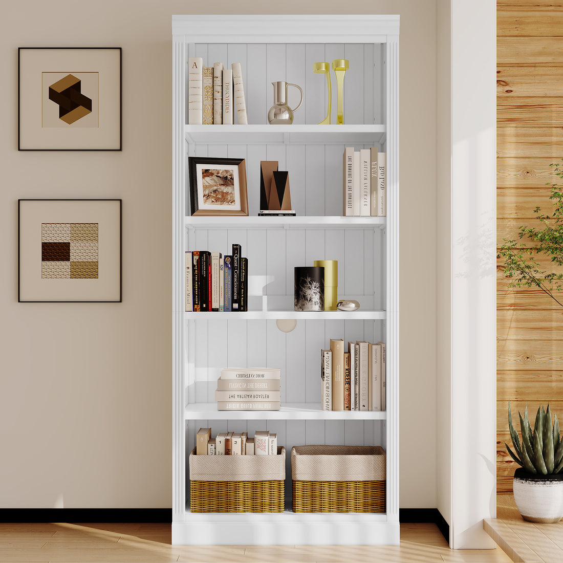 83" Tall Wood Bookcase,5 Tier Home Decor Bookshelves With Adjustable Storage Shelves,Storage Organizer For Cds Books Movies,Free Standing Storage Shelves For Living Room,Home Office,White White Solid Wood Mdf