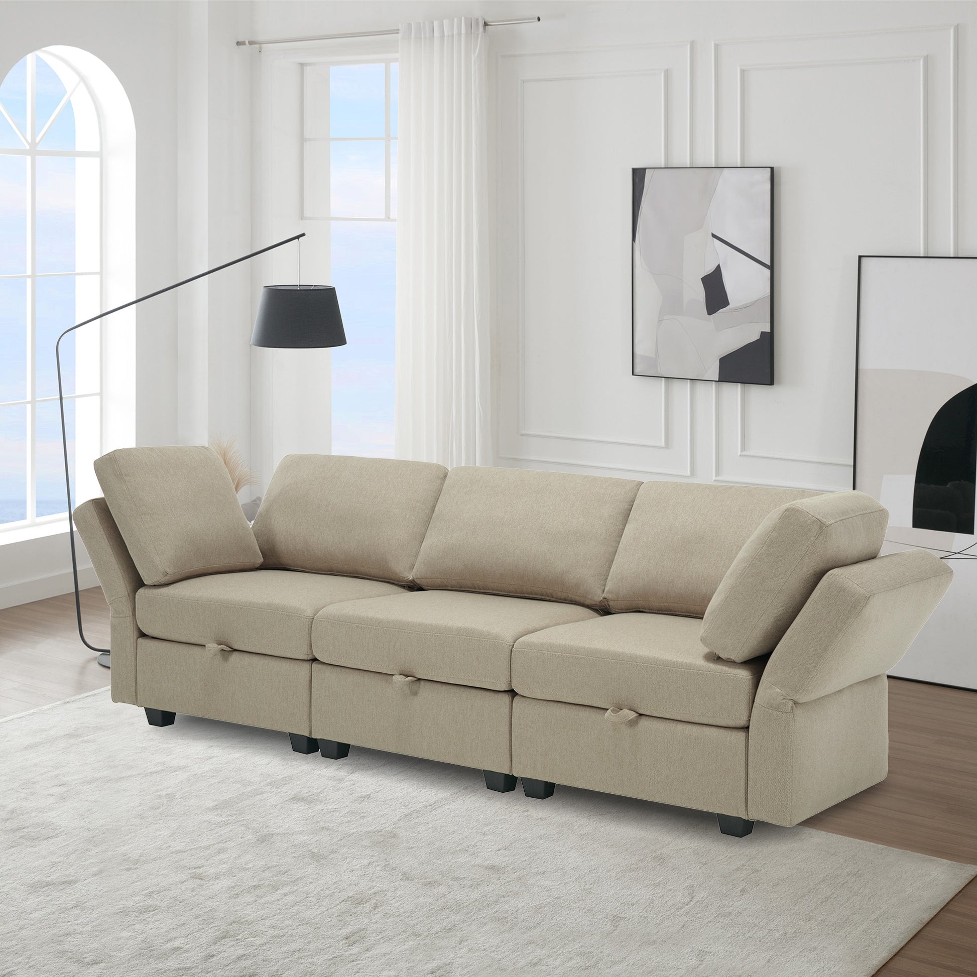 Oversized Modular Sectional Convertible Fabric Sofa Set,Extra Large Sectional Storage Seat Couch For Living Room, 3 Seat Modern Modular Sofa Beige Beige Polyester 3 Seat